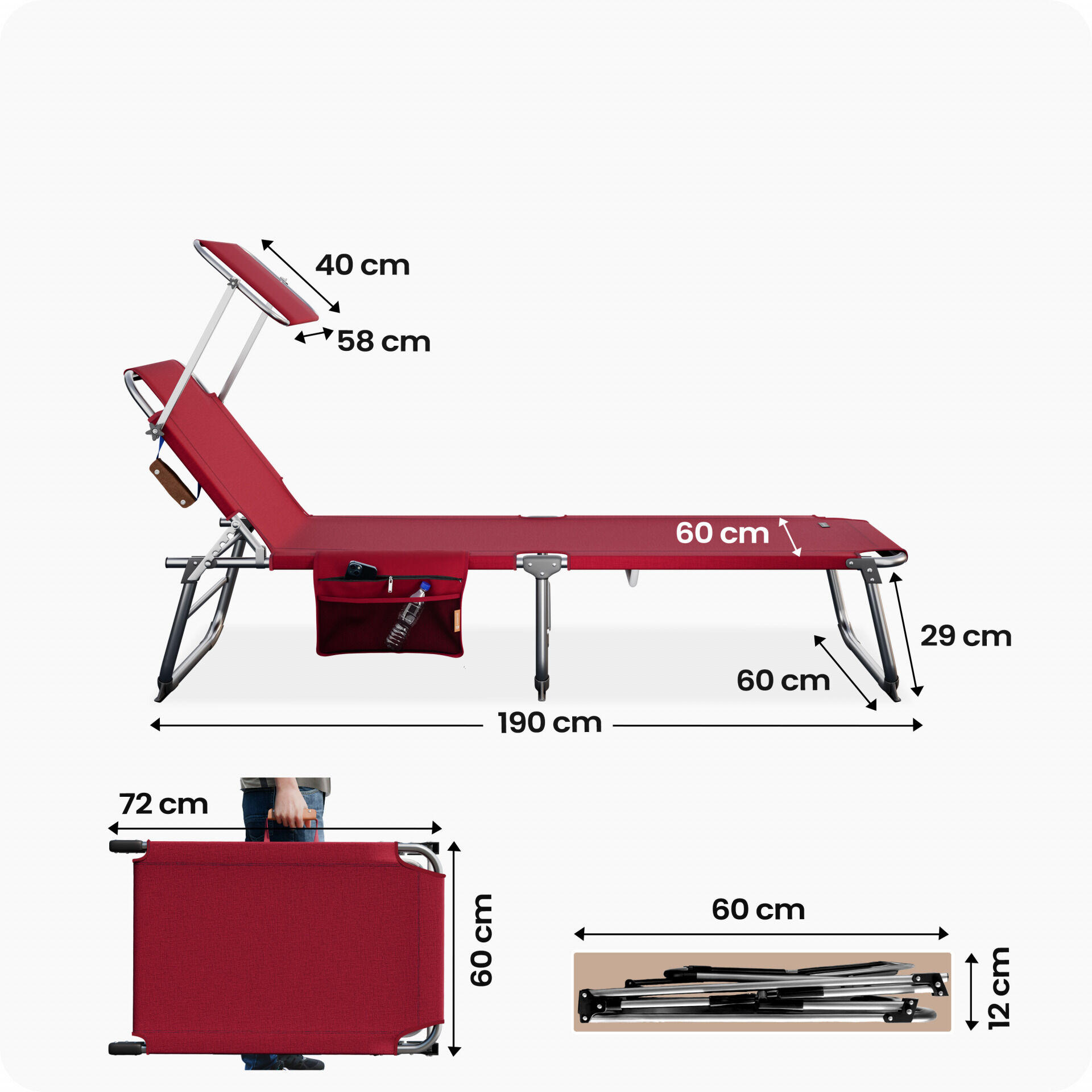 Gartenliege Ibiza Rubinrot 190x59x29cm Alu Sonnendach