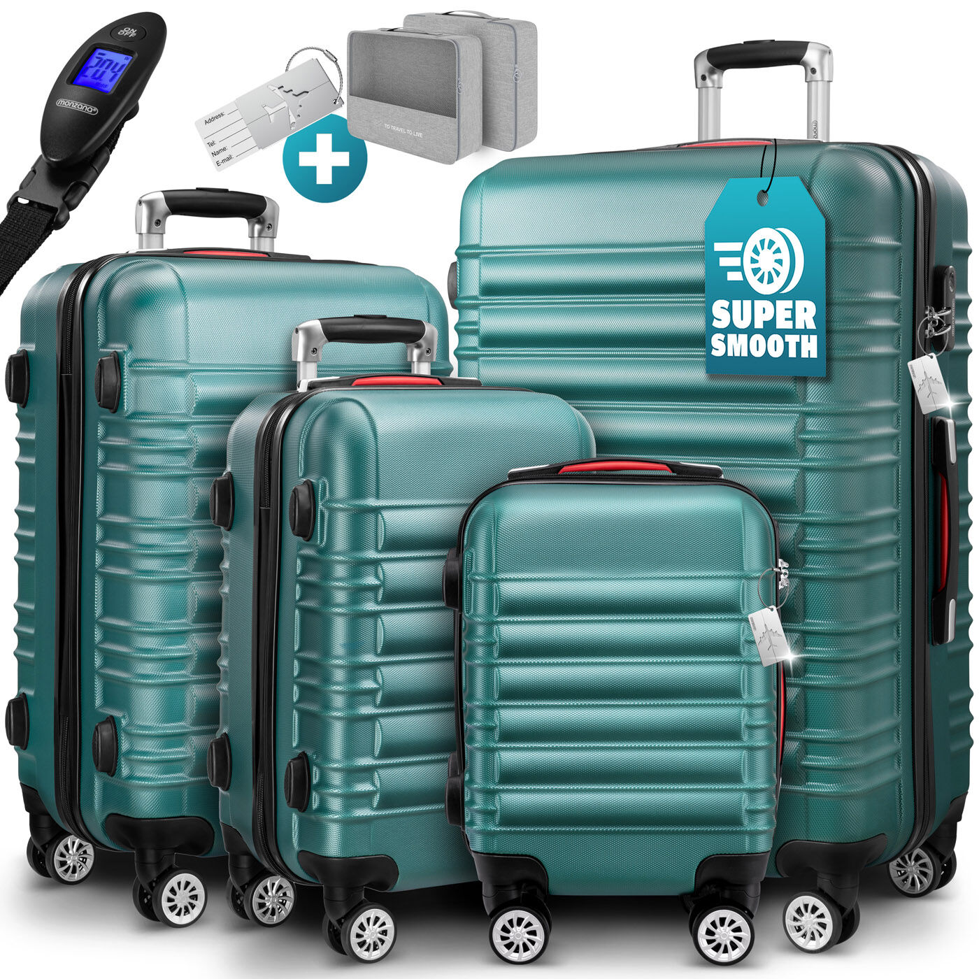 Hartschalenkoffer Set 4-tlg mit Zubehör Rollen 360º Grün ABS