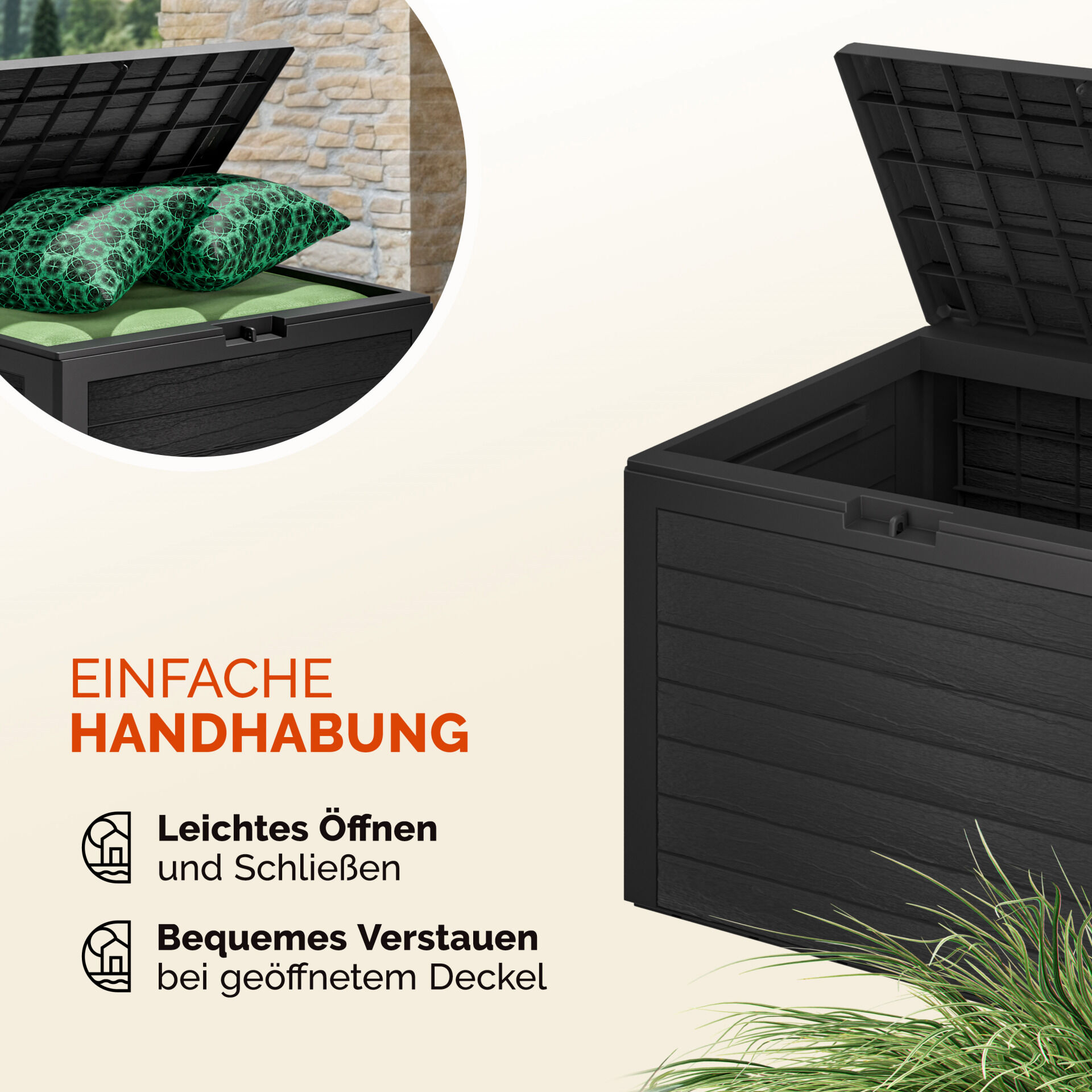 Gartenbox Lille 190L Anthrazit in Holzoptik wetterfest abschließbar