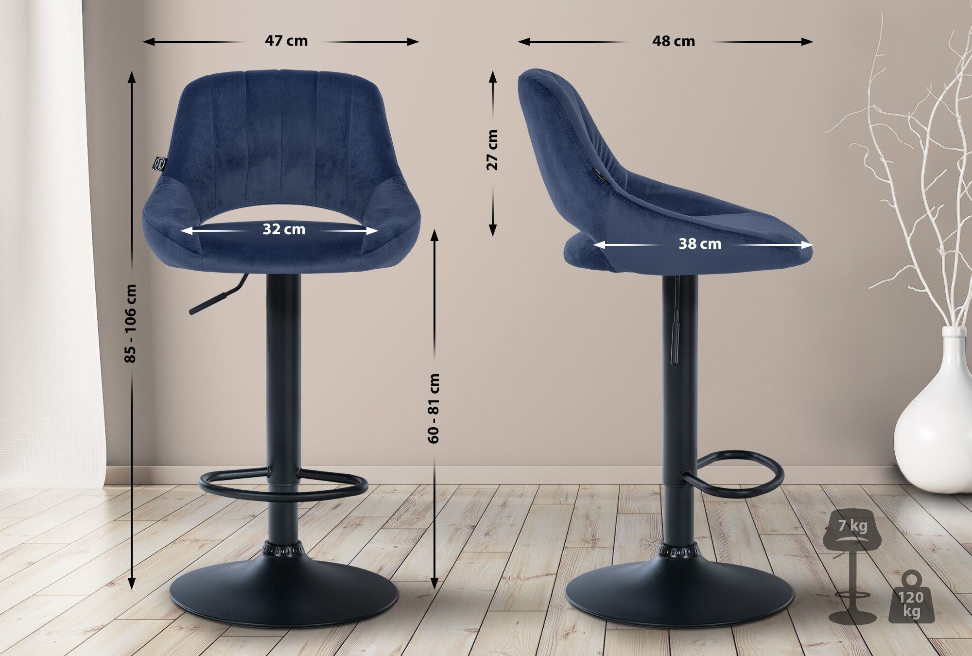 2er Set Barhocker Milet Samt B, blau