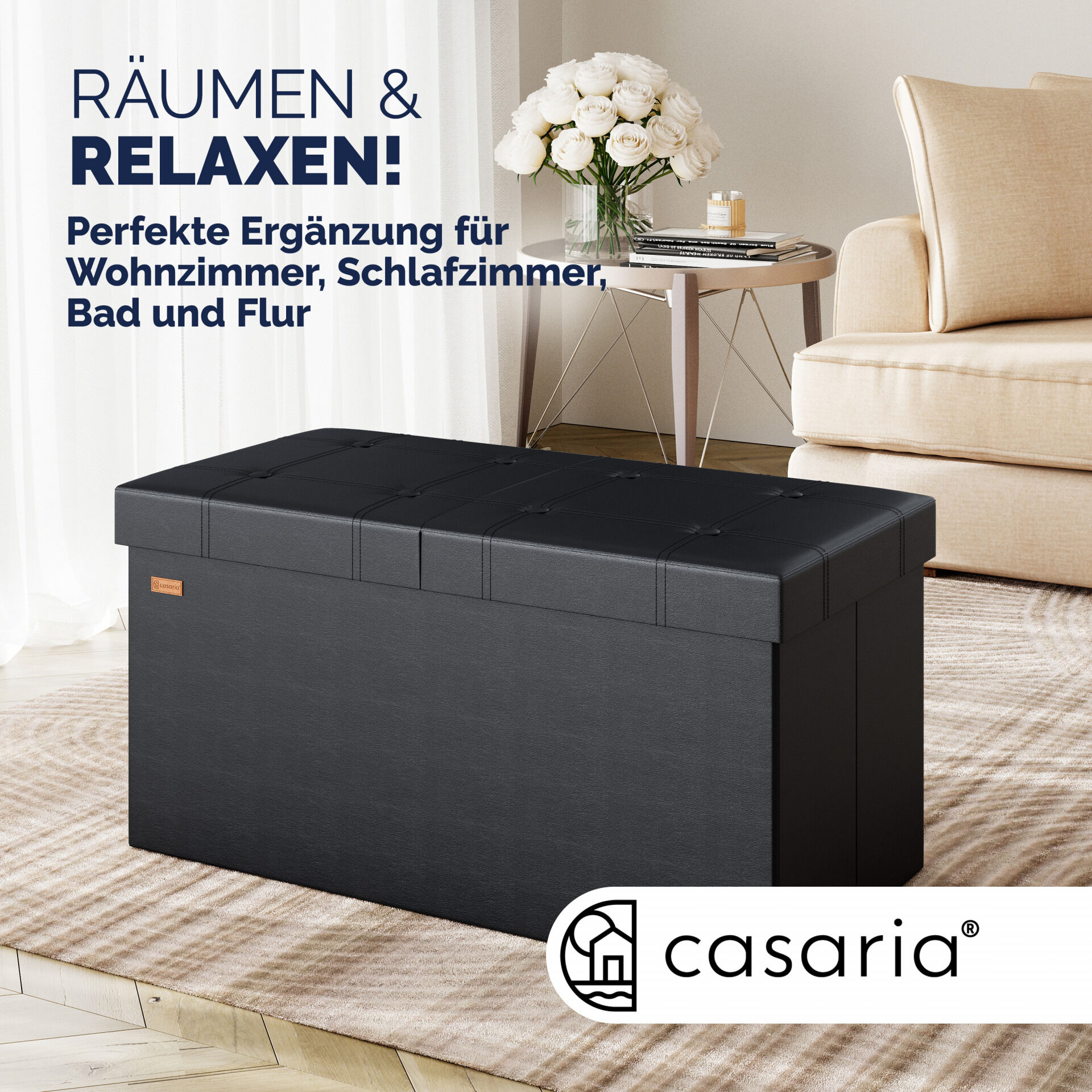 Sitzbank Schwarz 80x40x40cm mit Stauraum faltbar