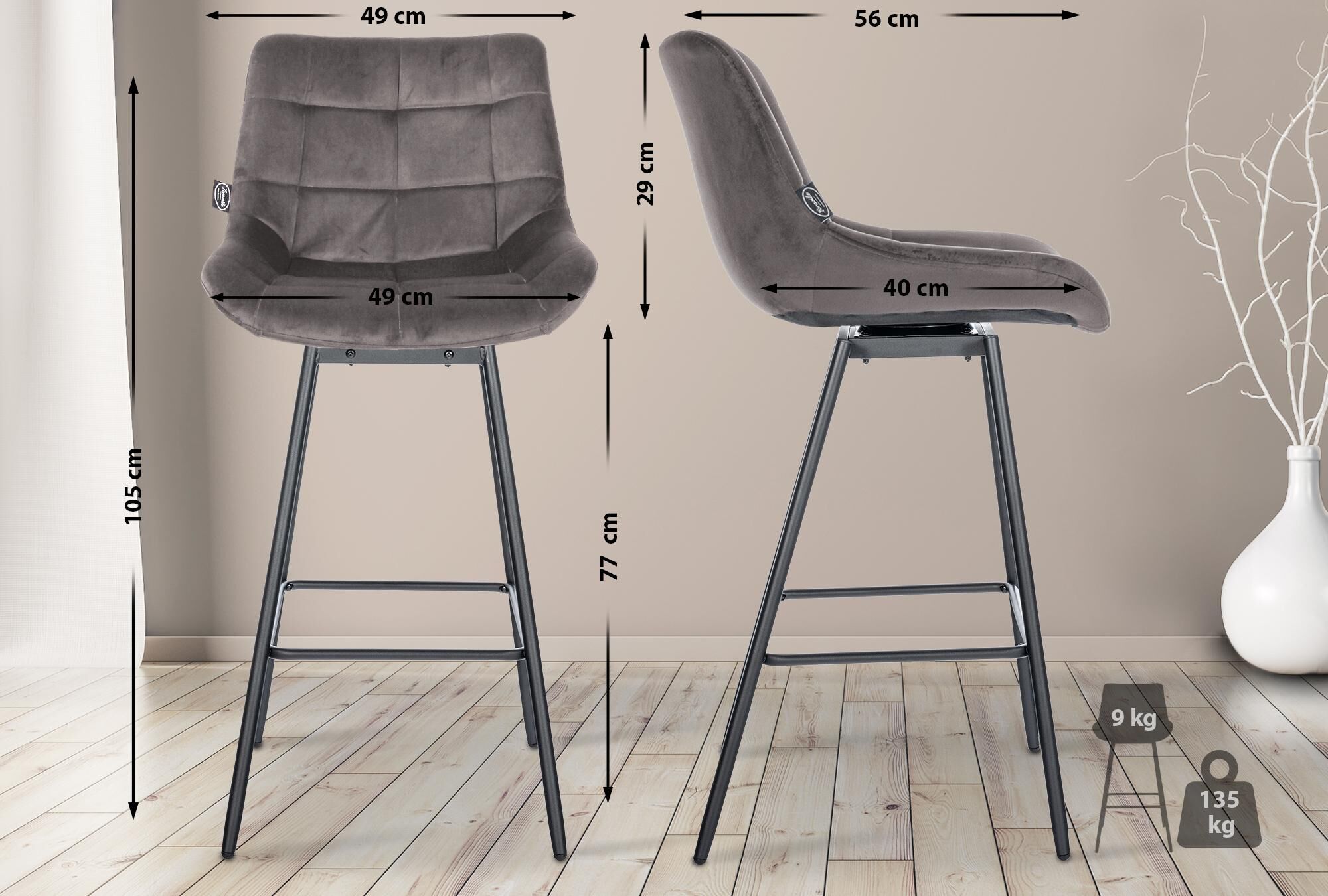 Barhocker Weston Schwenkbar Samt, grau