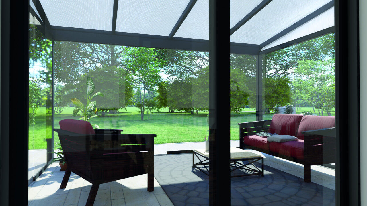 AKTION 4x3m Gartenzimmer Polycarbonat opal mit 8 mm Glasschiebewänden