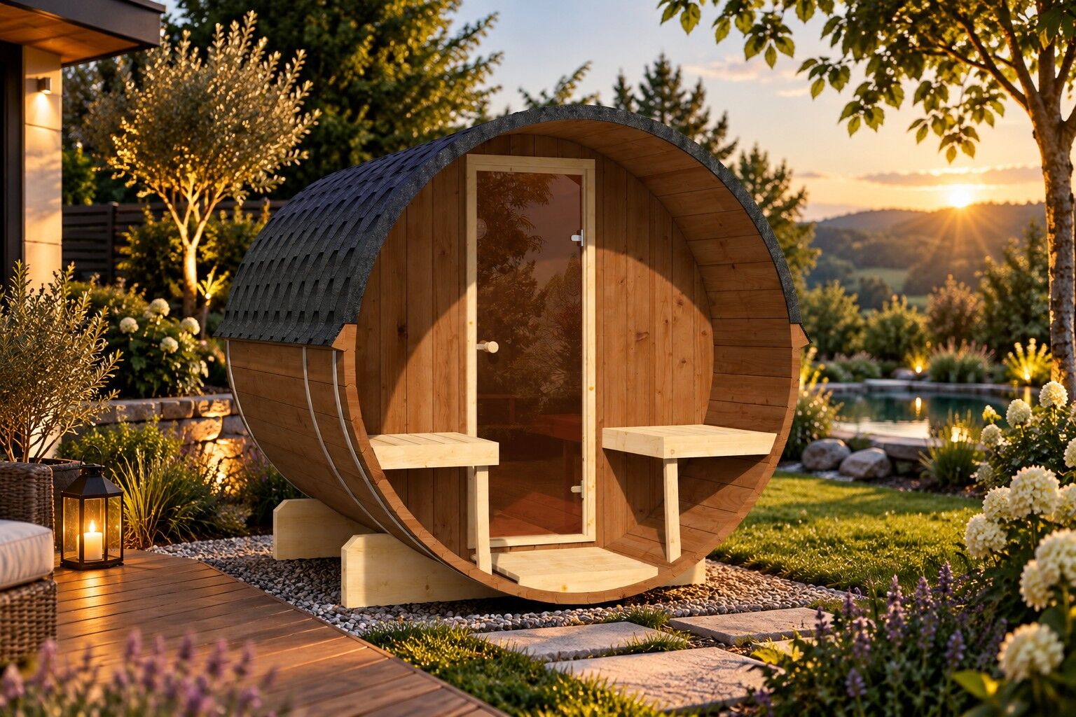 SPANOVA Fasssauna Lasse – 250 cm mit Terrasse, Fichte