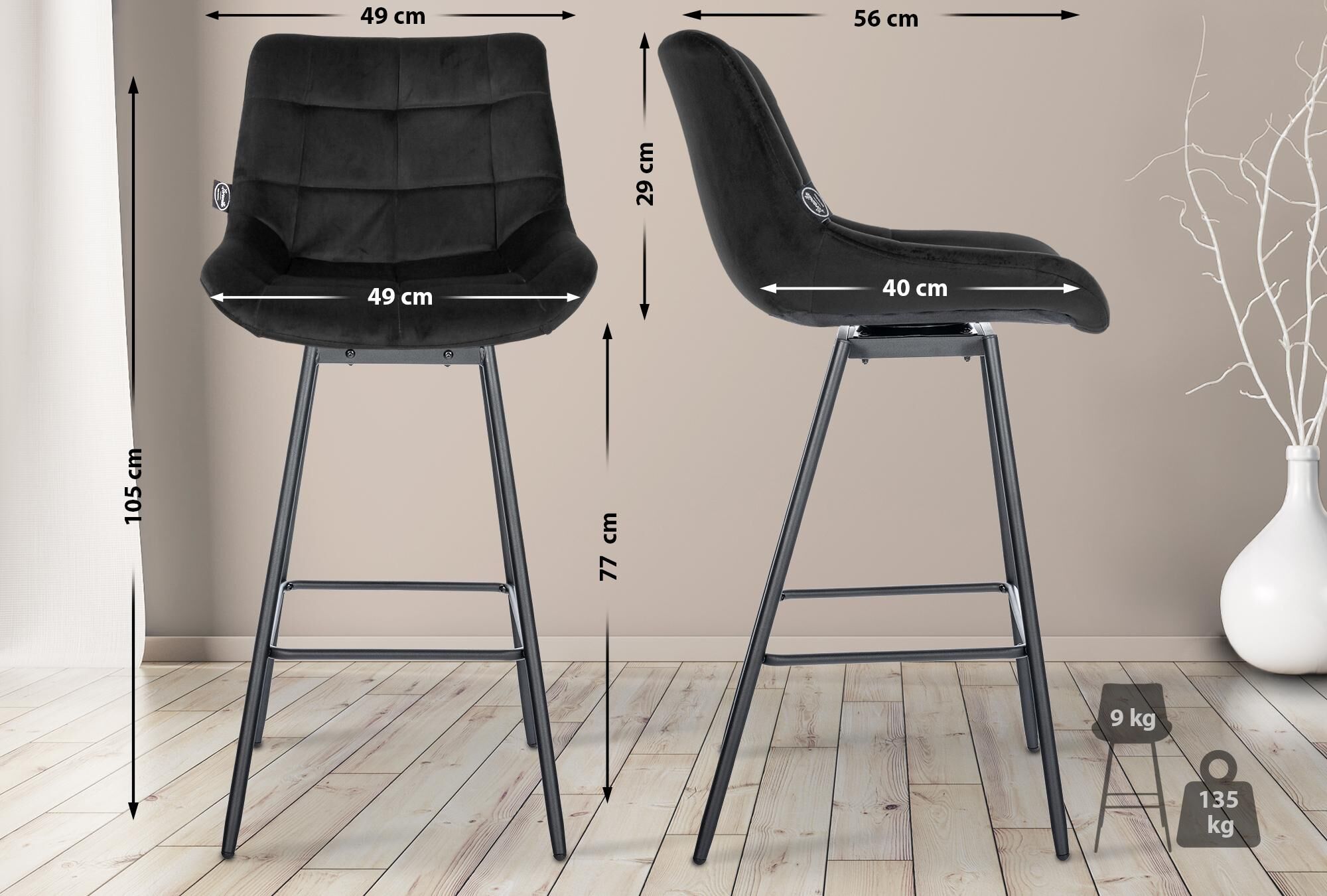 Barhocker Weston Schwenkbar Samt, schwarz