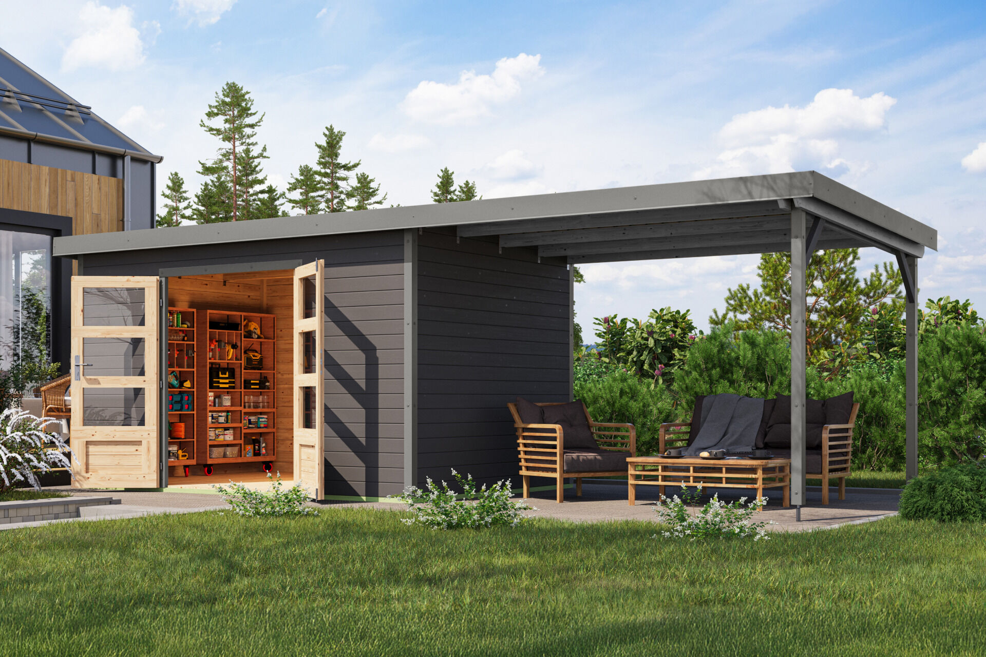 Karibu Pultdach Holz & Metall Gartenhaus Pluto 7 Set mit Anbaudach 3,07 m, naturbelassen / graualuminium