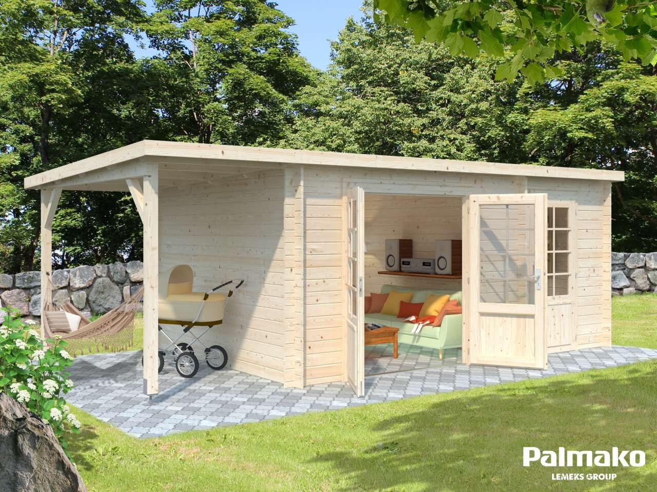 Flachdach Palmako Gartenhaus Ella 13,1+3,9 m²