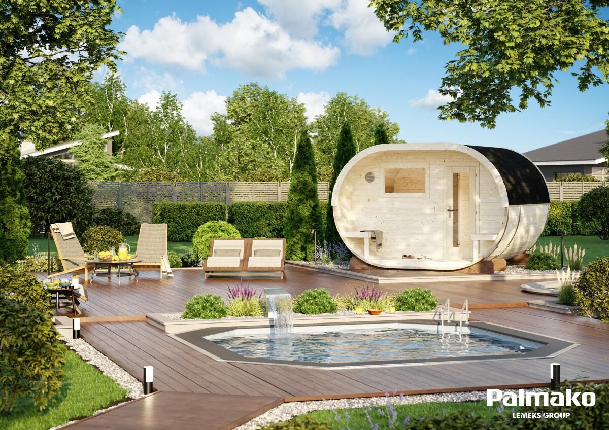 Palmako Fasssauna Anette, naturbelassen, auf Gartenterrasse