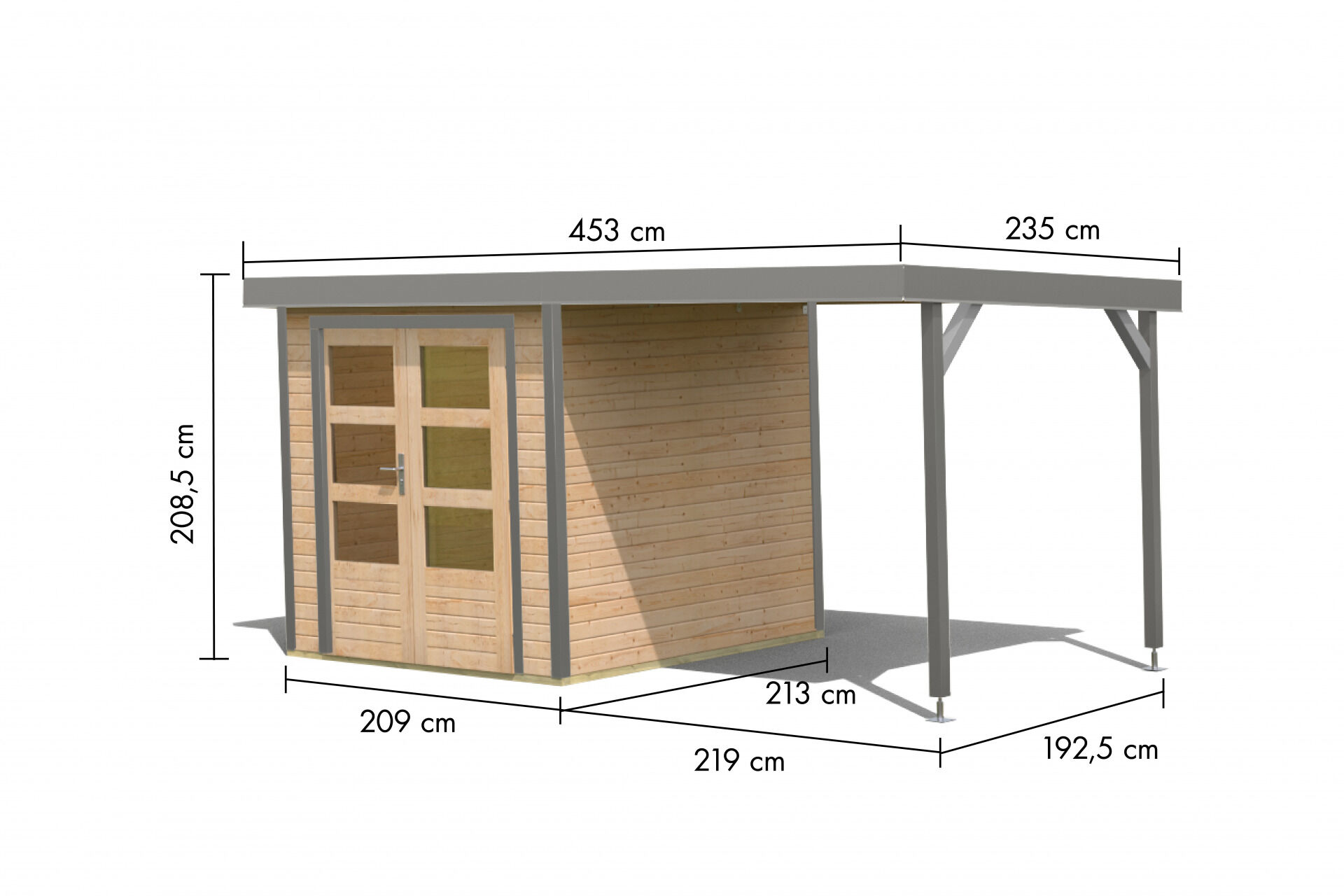 Karibu Pultdach Holz & Metall Gartenhaus Jupiter 2 Set mit Anbaudach 2,35 m, naturbelassen / graualuminium
