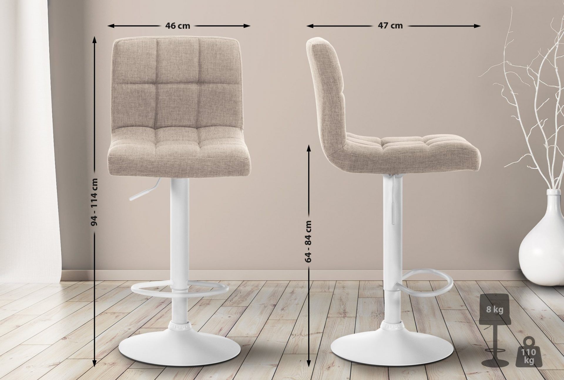 2er Set Barhocker Calma Stoff weiß, creme