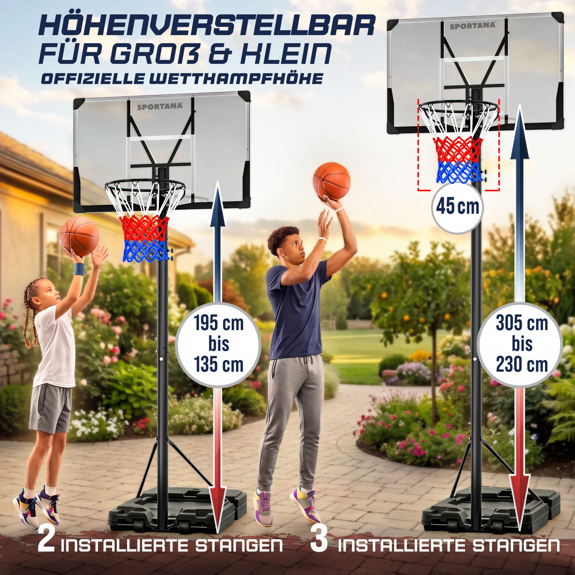 Basketballkorb Outdoor höhenverstellbar 135 –305 cm stabil wetterfest mit Ständer 60 kg Sockel Rollen