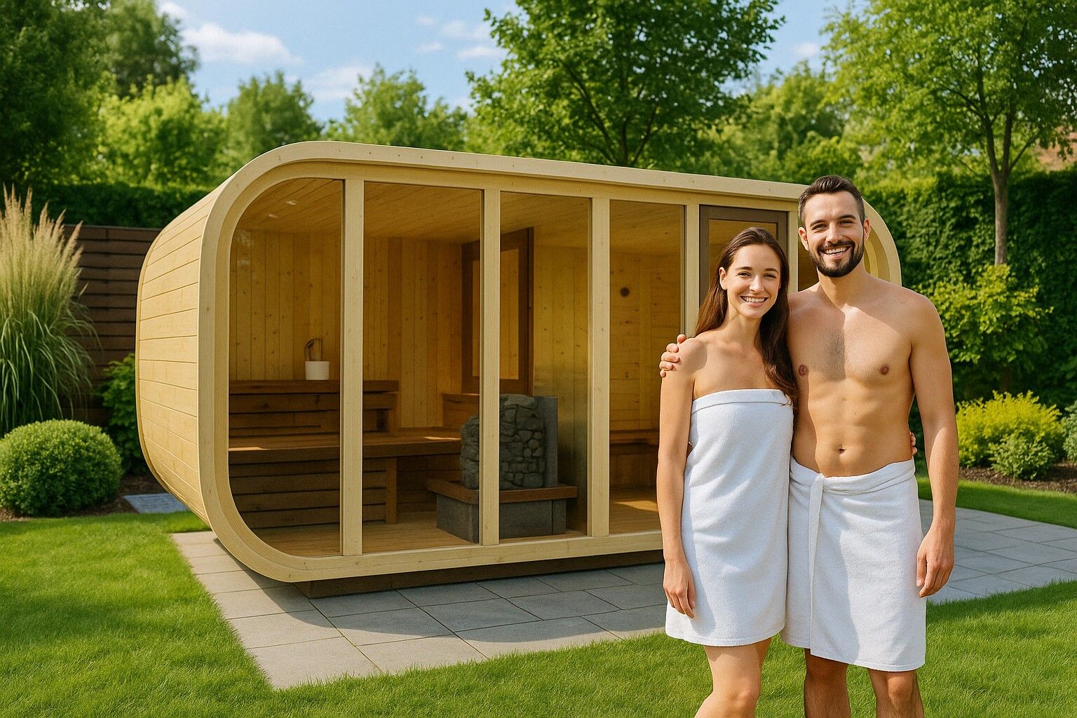 Finn Art Fasssauna KLAAR Premium 420x230 – Thermoholz Gartensauna mit Panorama-Glasfront