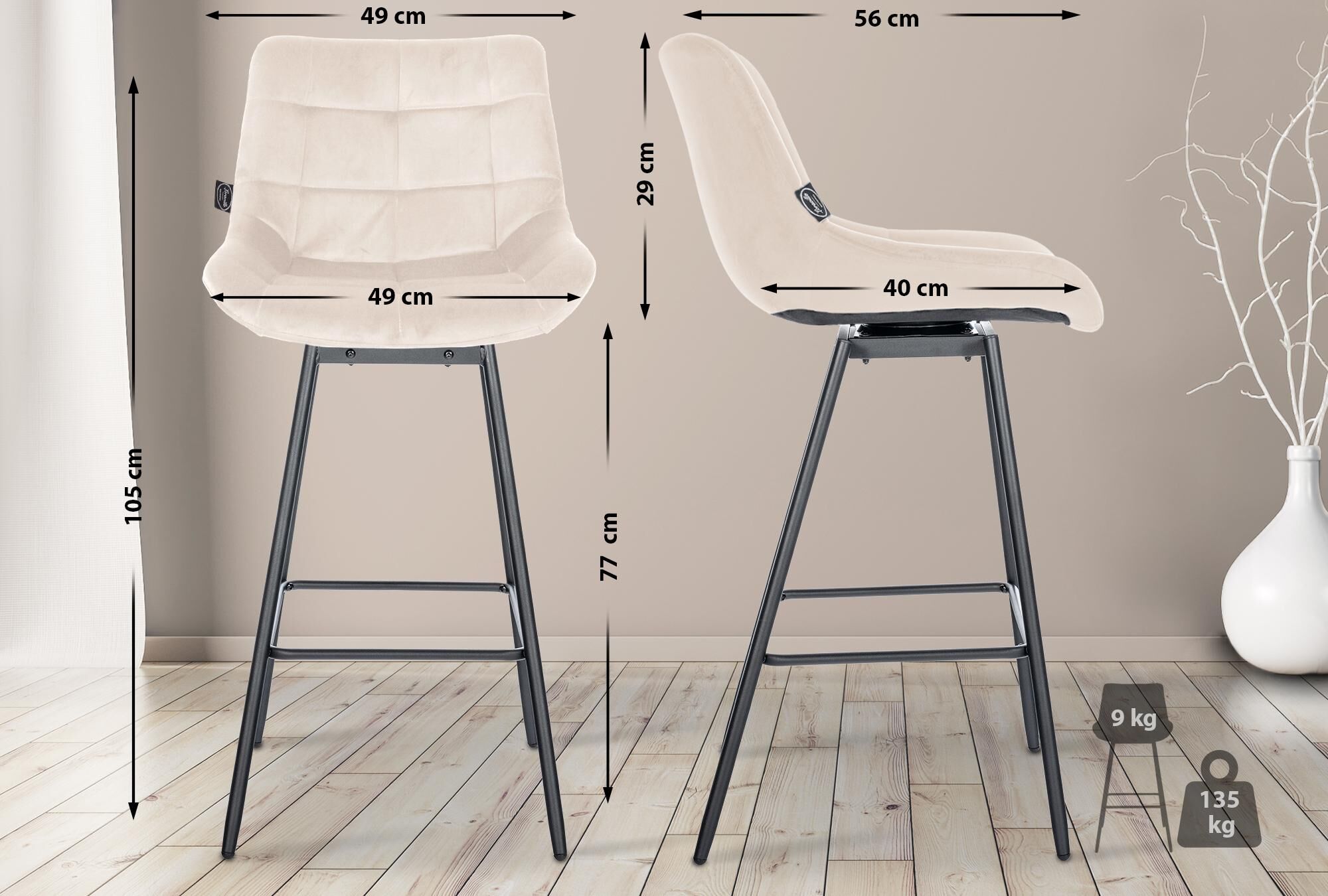 Barhocker Weston Schwenkbar Samt, creme