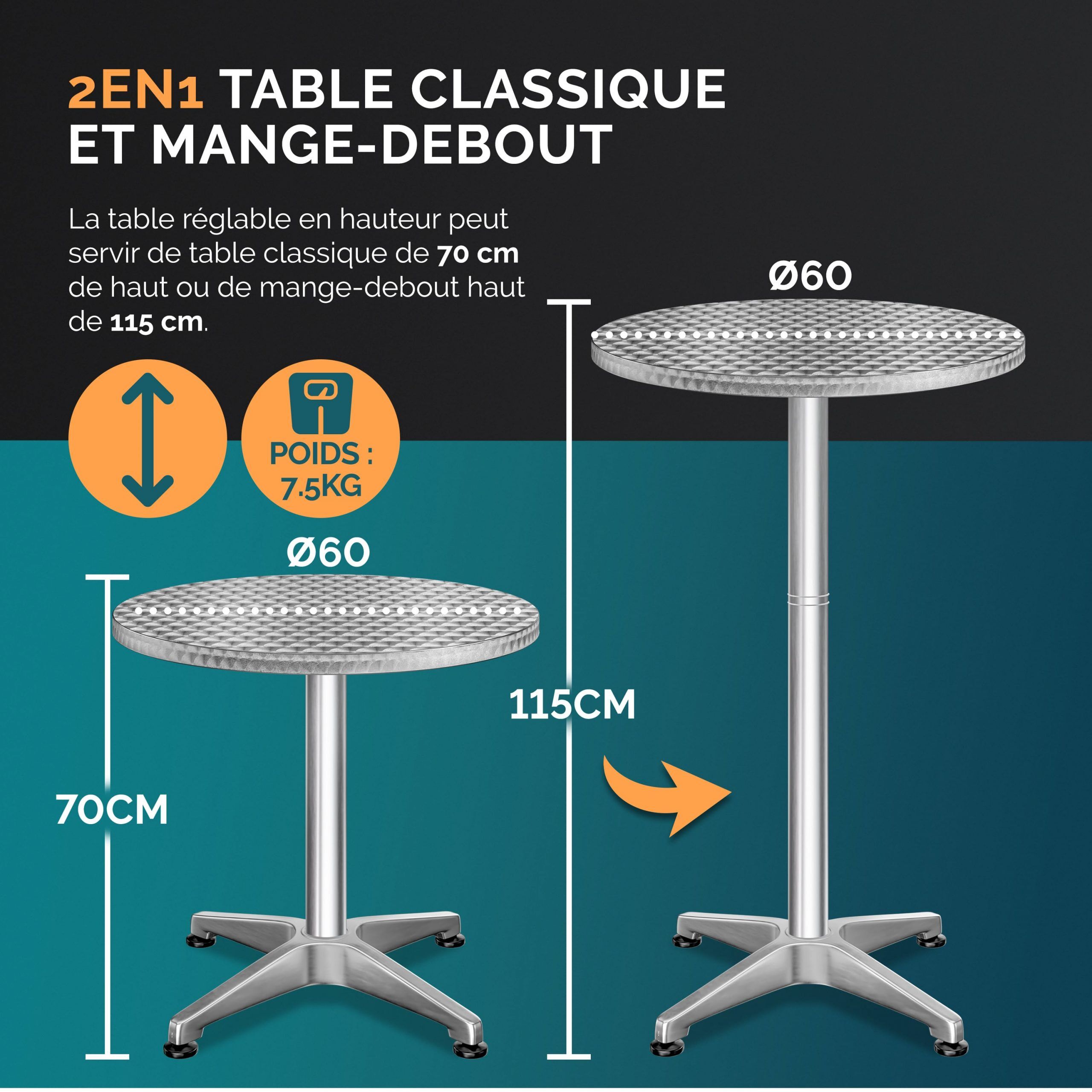 Stehtisch 2er-Set Ø60cm Alu klappbar höhenverstellbar Silber