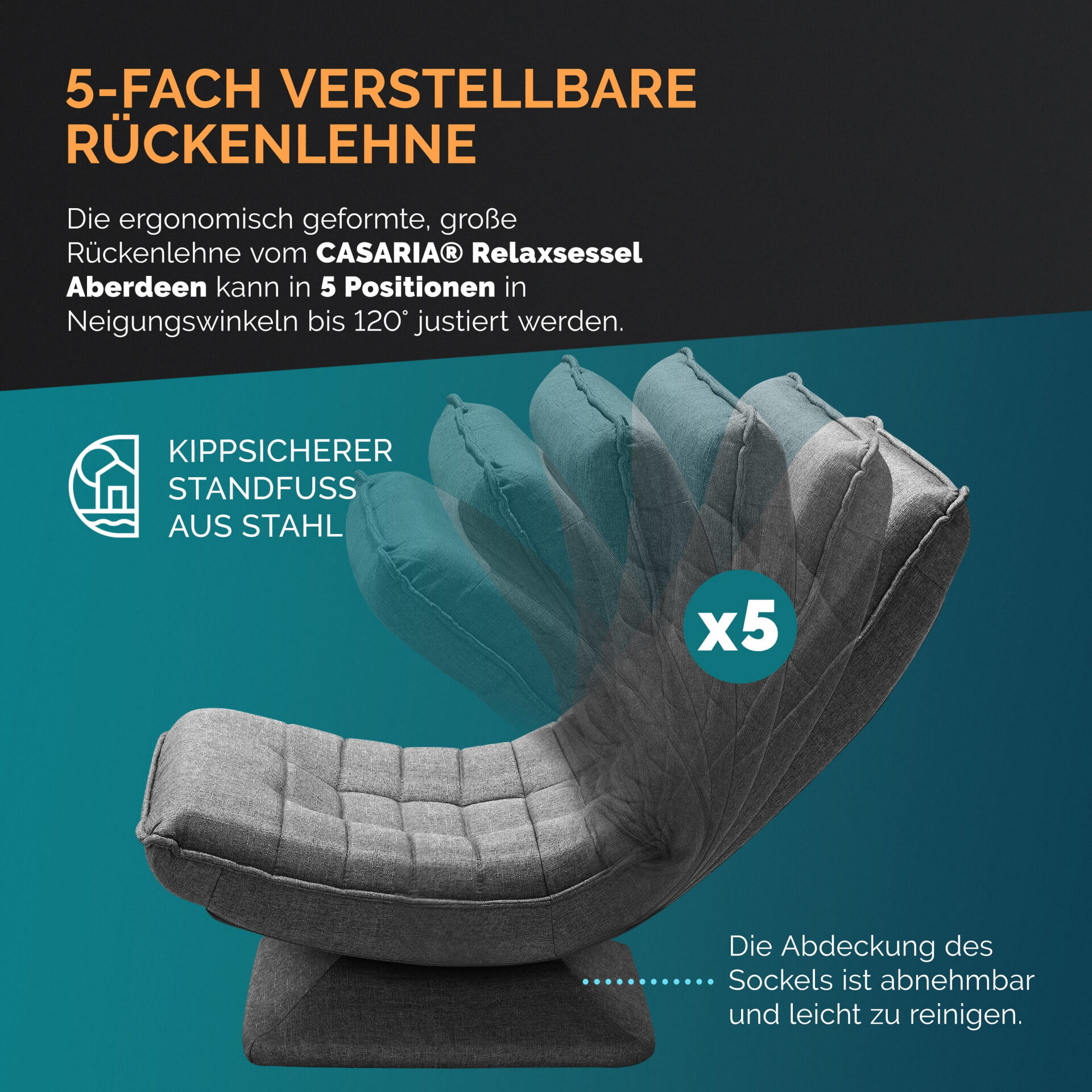 Sessel Aberdeen Grau Stoff 5fach verstellbar 360 Grad drehbar klappbar