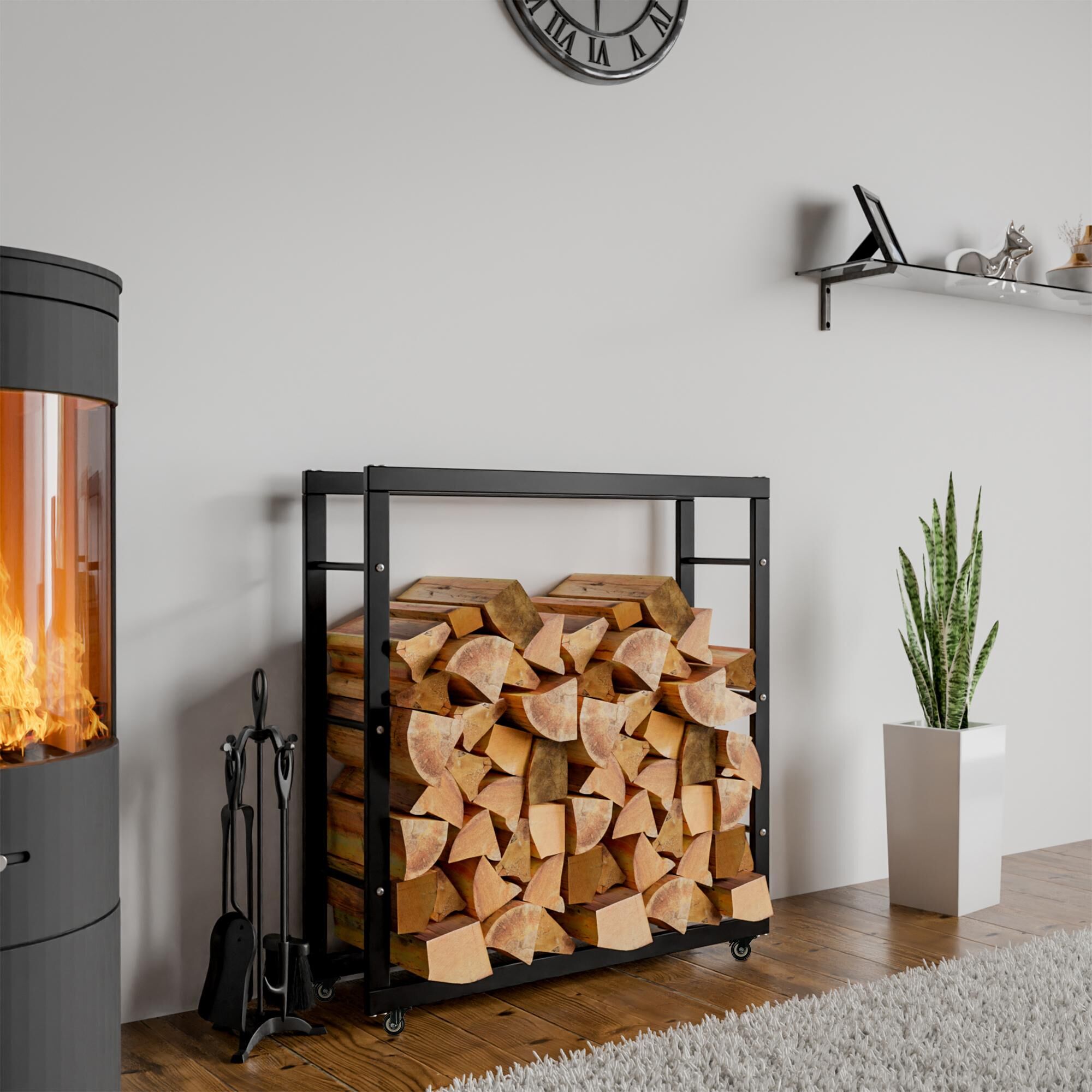 Kaminholzständer Keri mit Rollen 25x80x80, schwarz