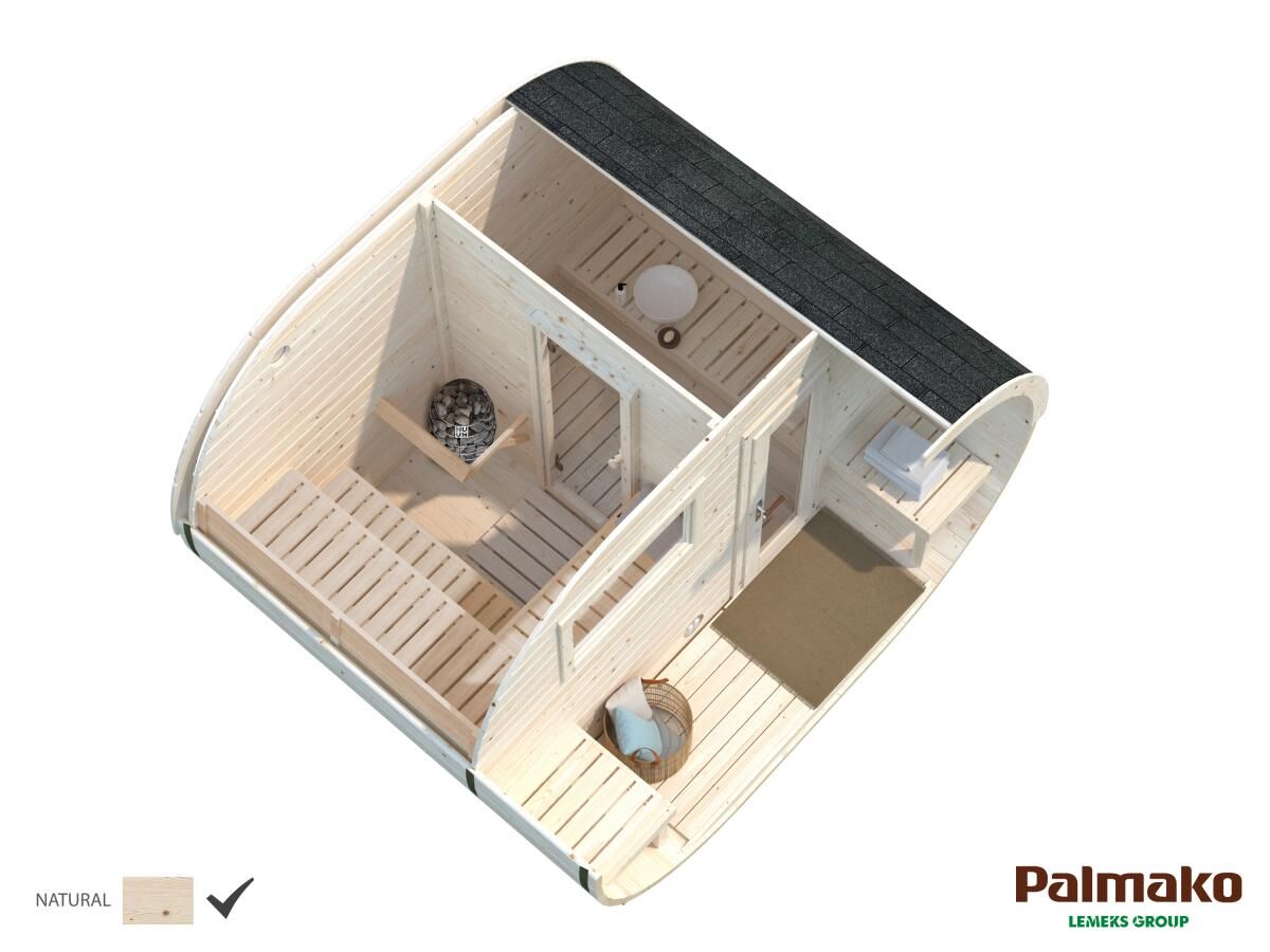 Palmako Fasssauna Anette 3,0+1,5 m² Innenansicht Saunabereich mit Elektroofen, Vorraum