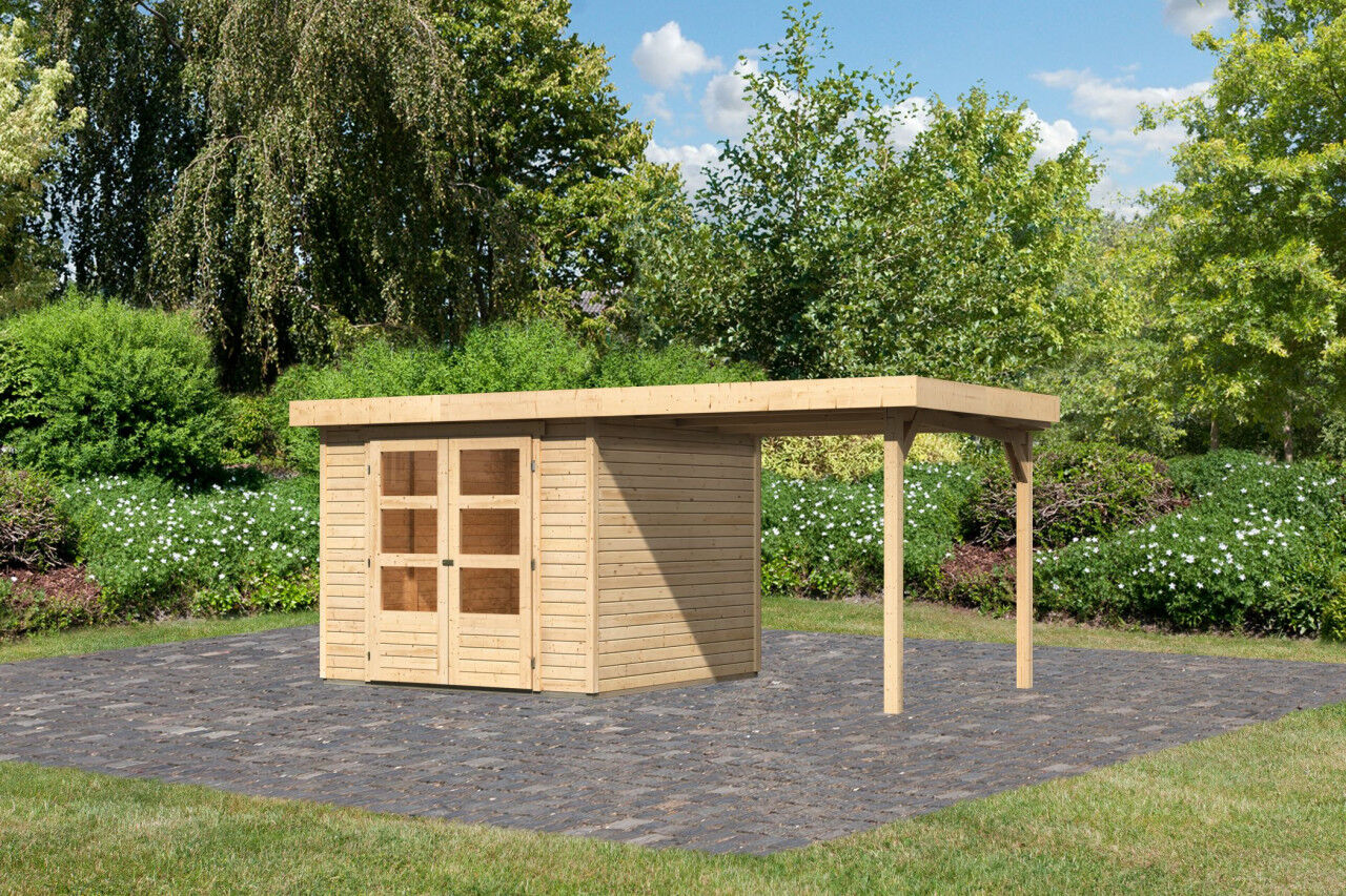 Karibu Gartenhaus Askola 3,5 Set mit Anbaudach 2,4m, naturbelassen