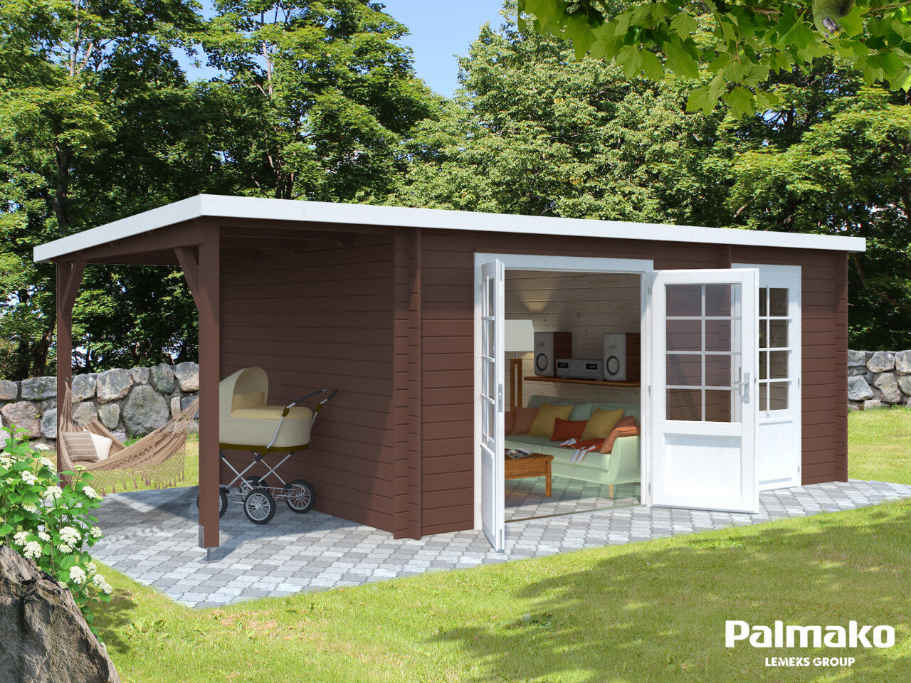 Flachdach Palmako Gartenhaus Ella 13,1+3,9 m²