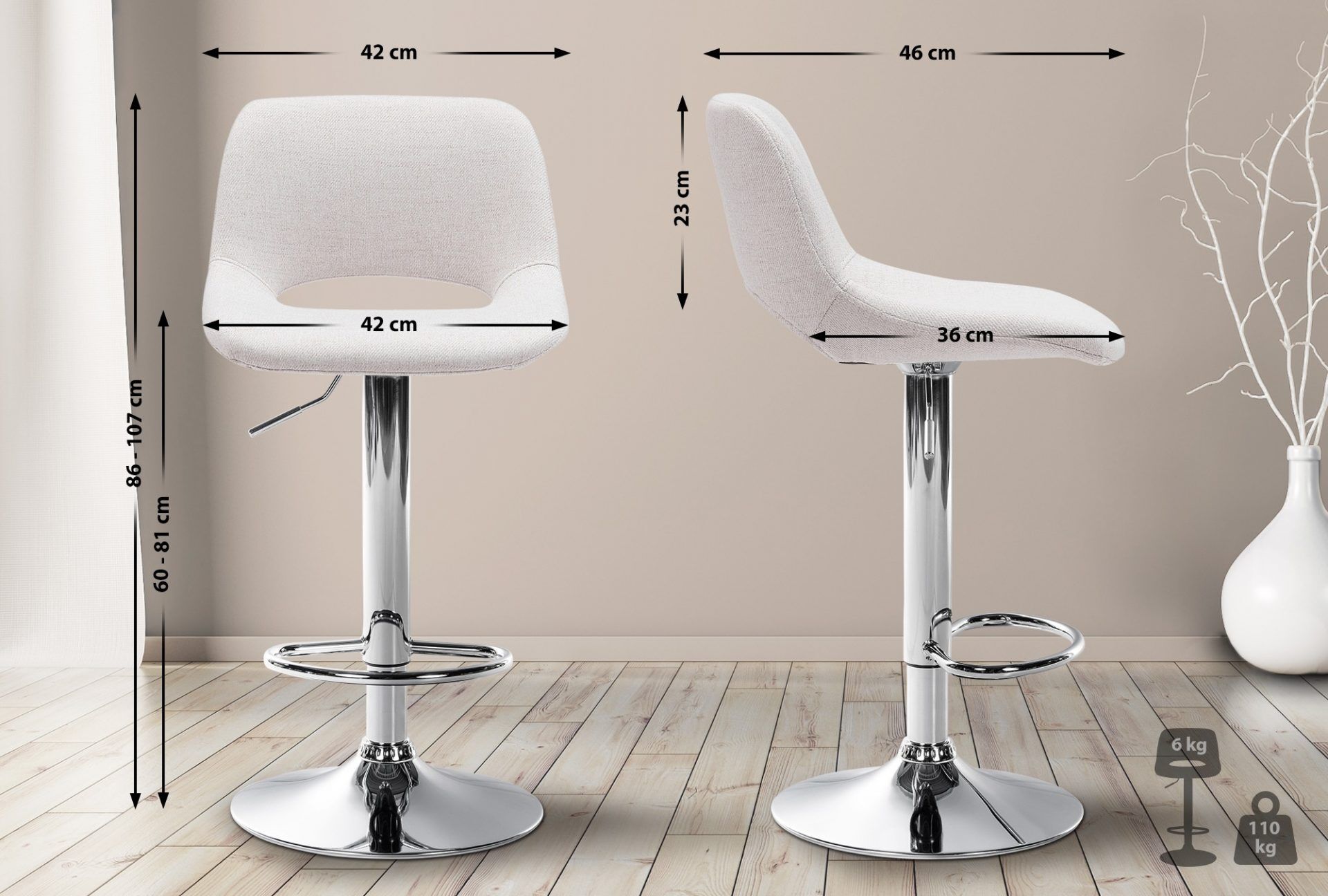 2er Set Barhocker Camden Stoff chrom, creme