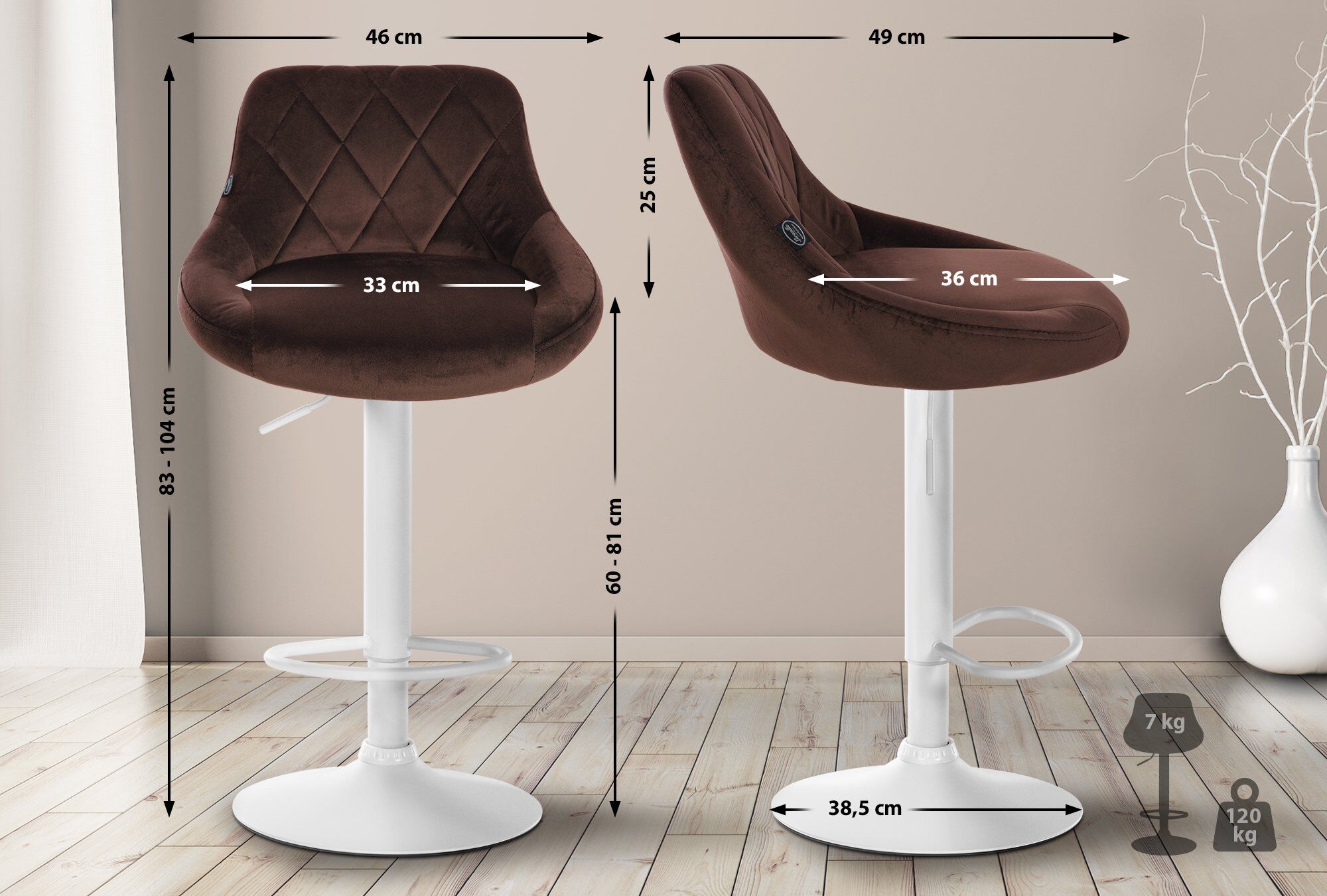2er Set Barhocker Lazio Samt weiß, braun