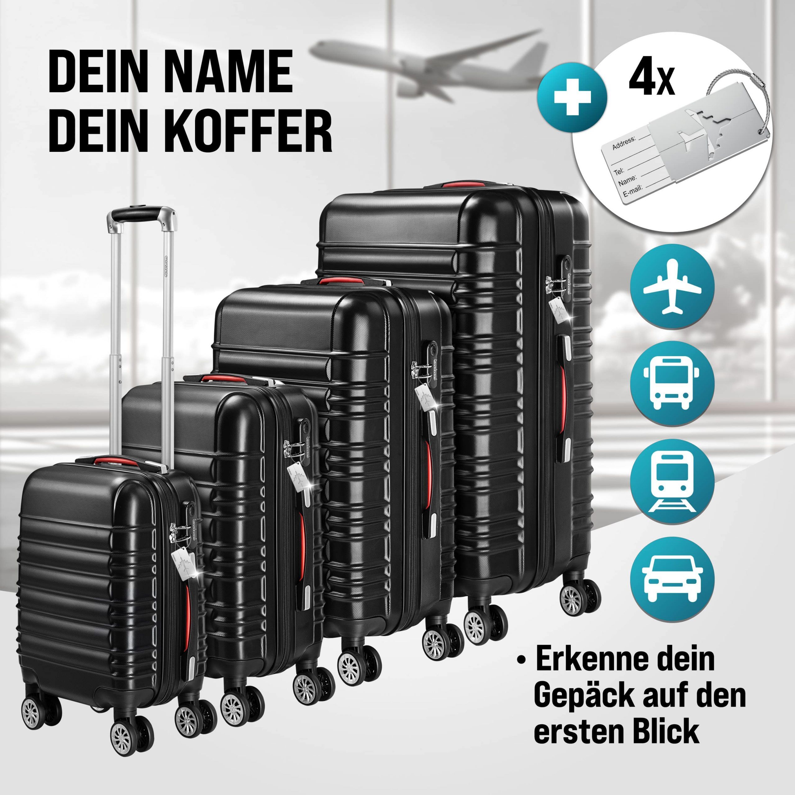 Hartschalenkoffer Set 4-tlg mit Zubehör Rollen 360º Schwarz ABS
