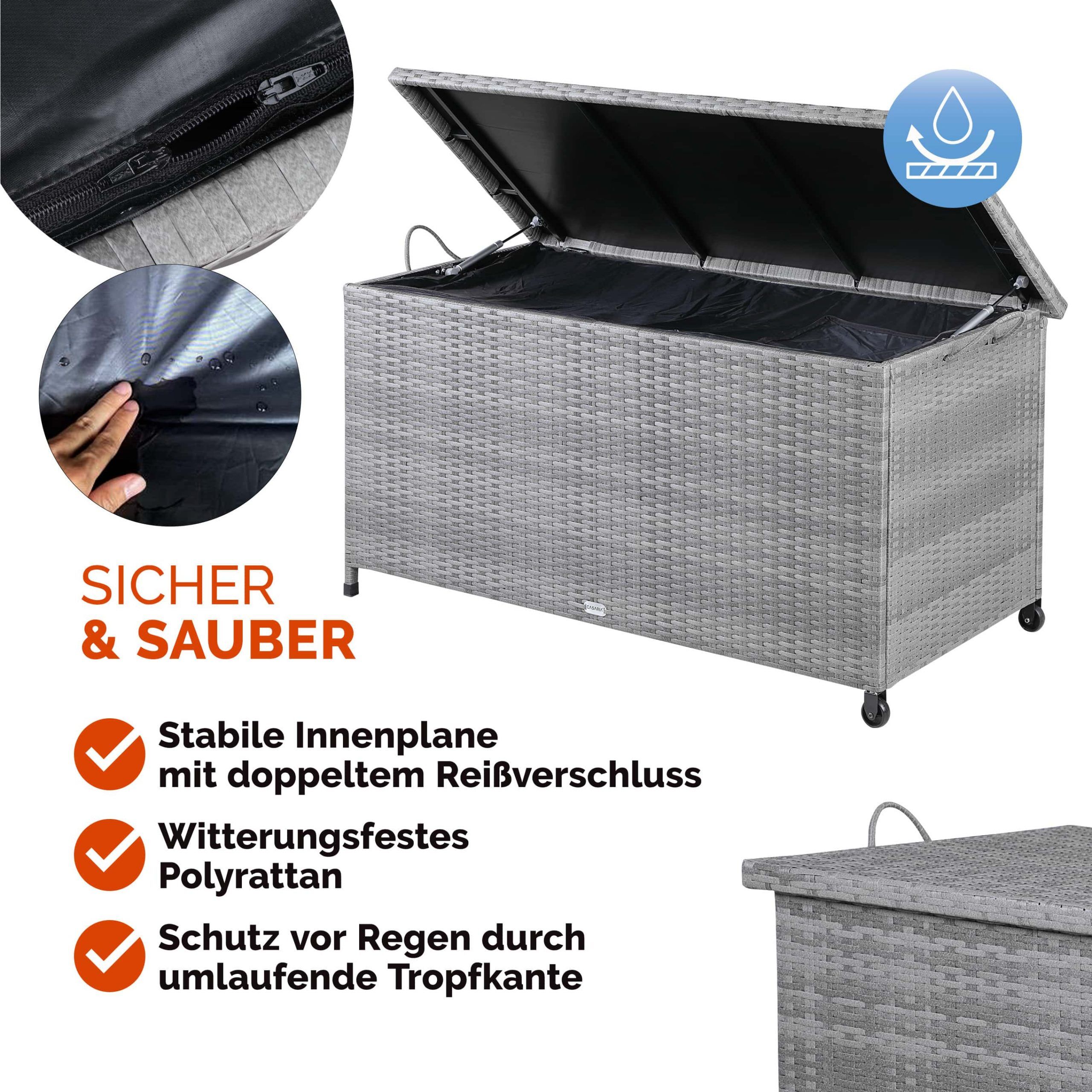Gartenbox Polyrattan Grau 117x53x60cm mit Griffen + Rollen