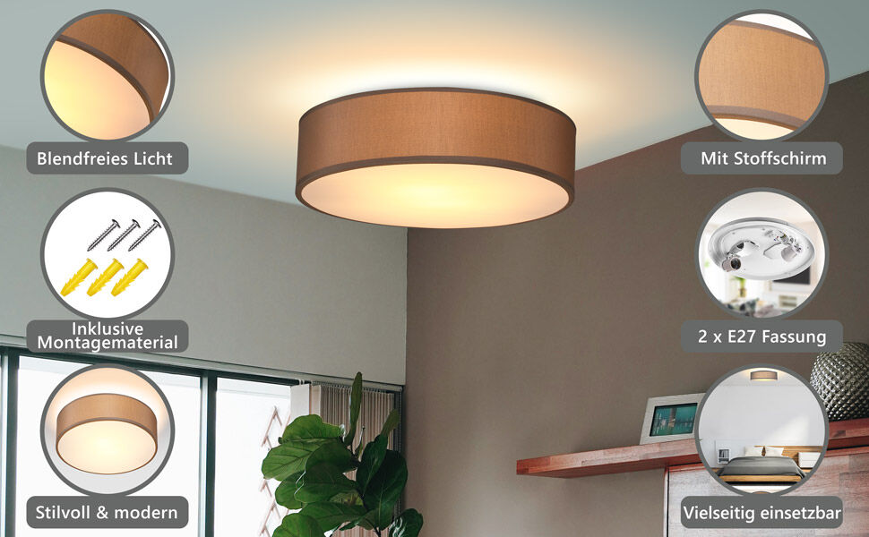 Deckenlampe Taupe Stoff Ø38cm