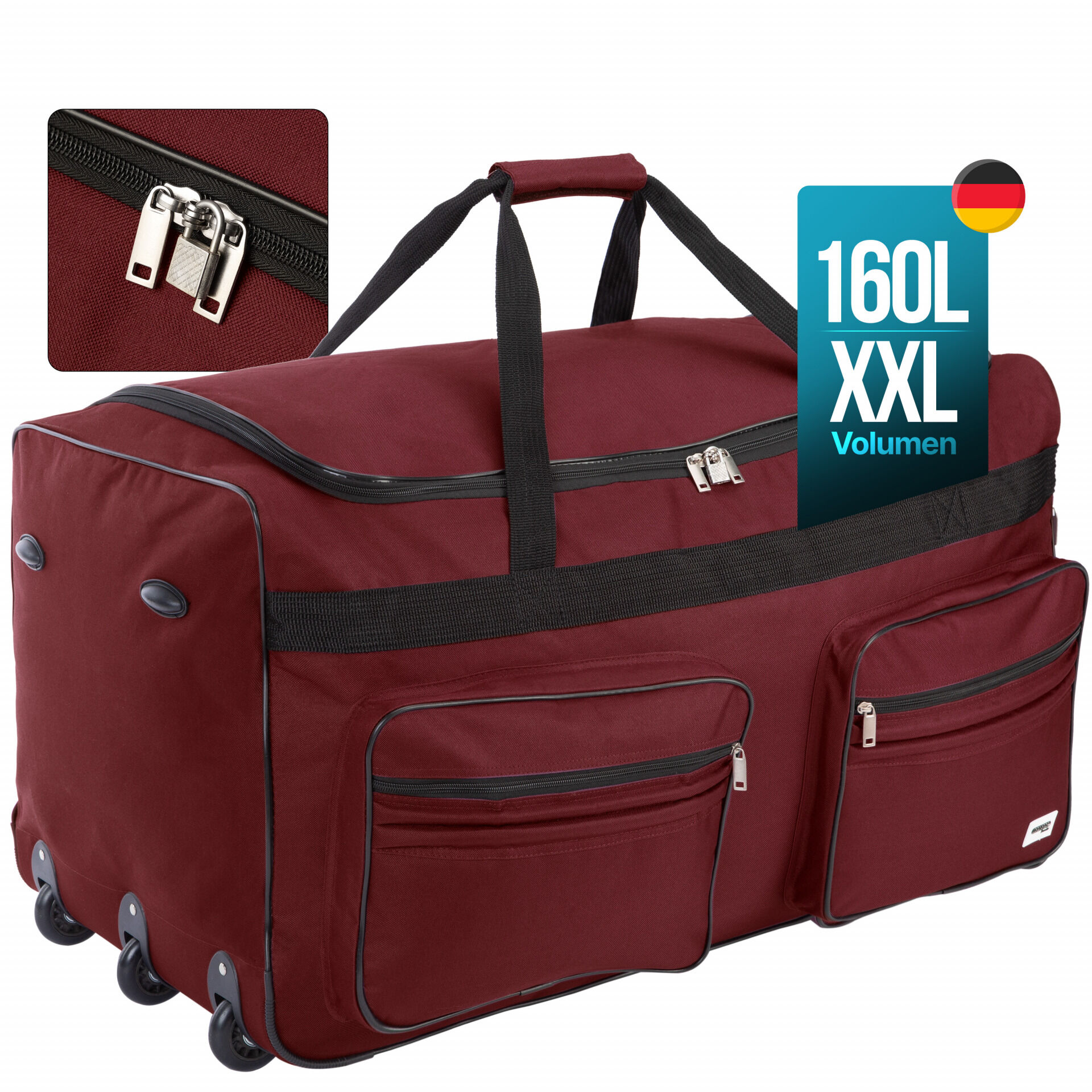 663377 XXL Reisetasche mit Trolleyfunktion 160L rot