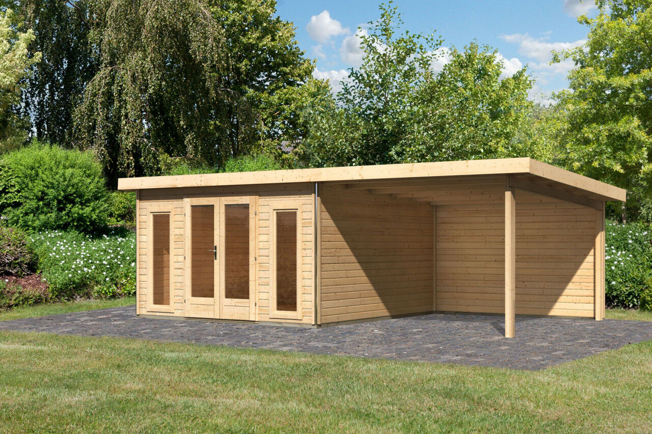 Karibu Pultdach Gartenhaus Radeburg 3 SET naturbelassen mit Anbaudach, Rückwand natur