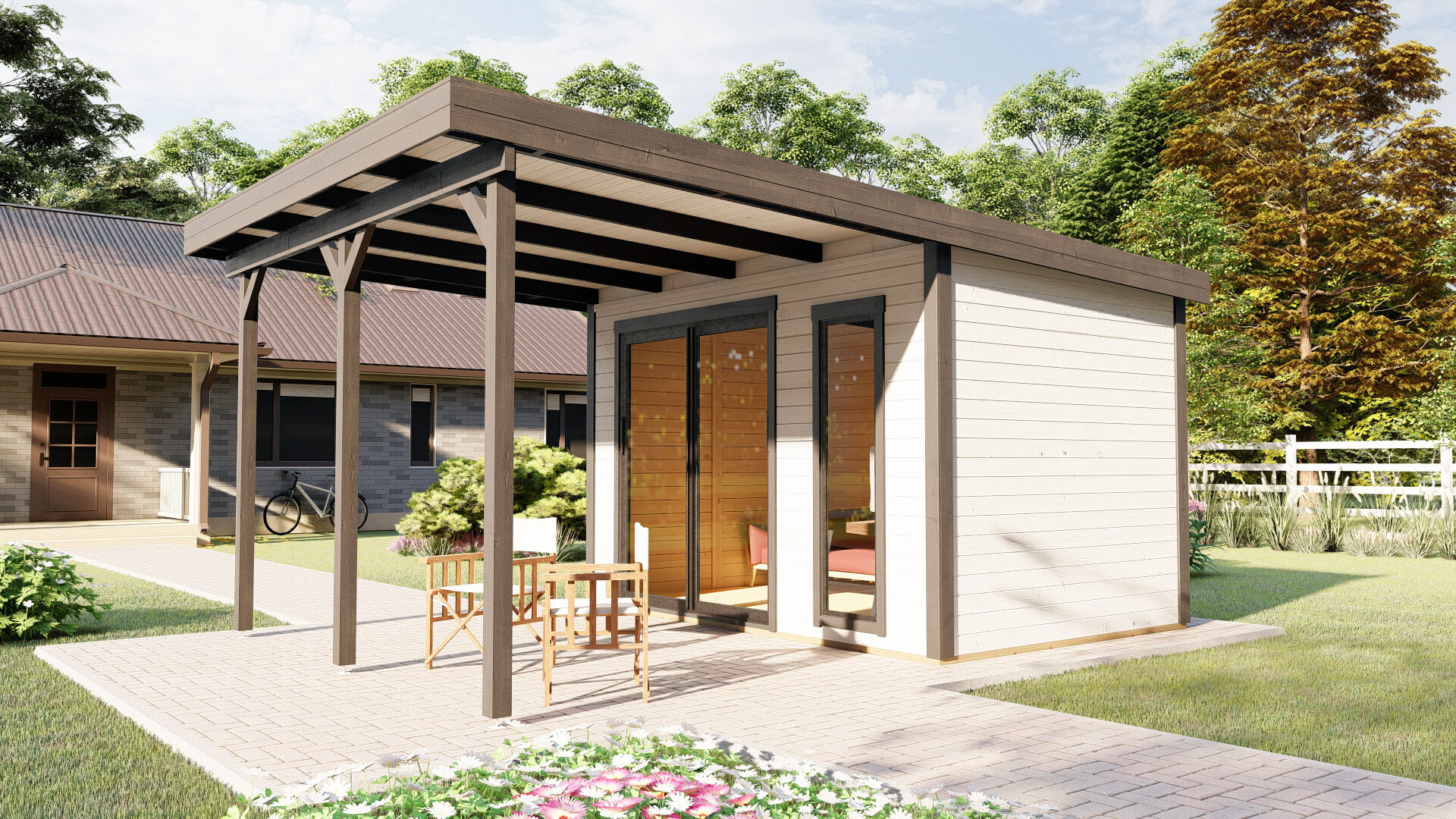 Flachdach Holz Gartenhaus Sydney 53 mit Schiebetür und Terrasse