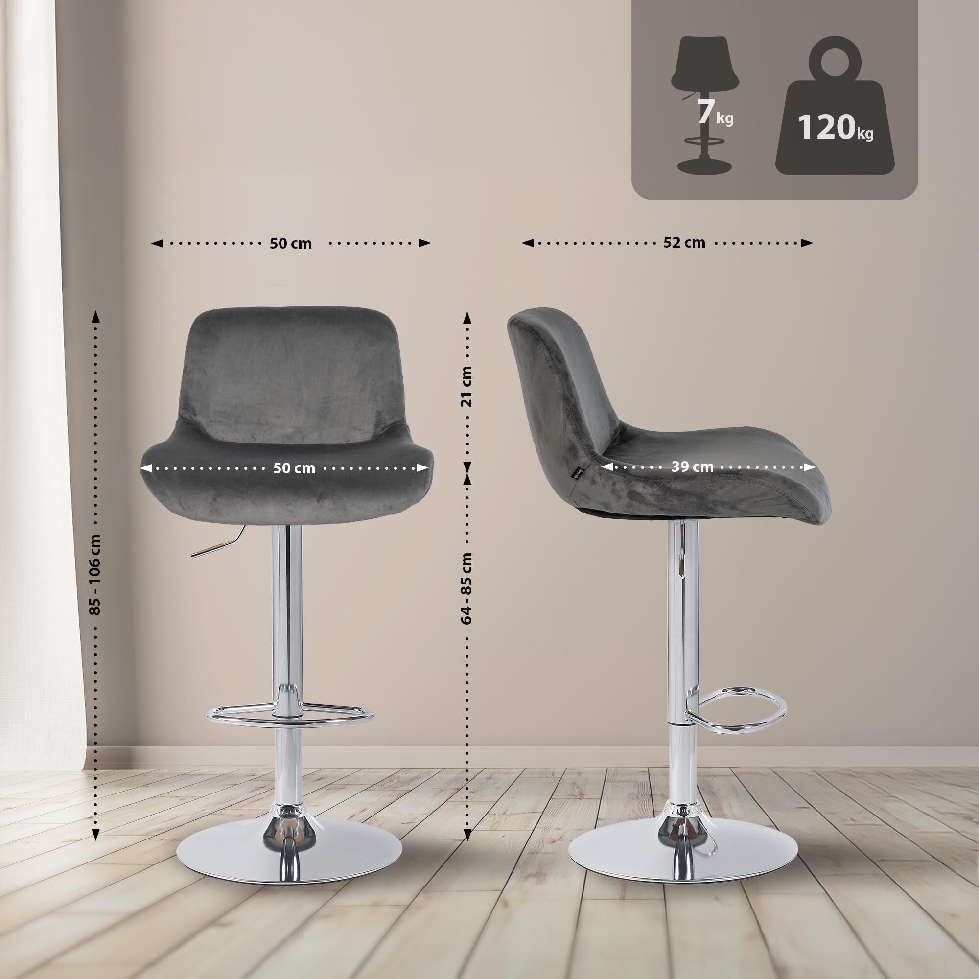 Barhocker Solon Chrom Samt, dunkelgrau