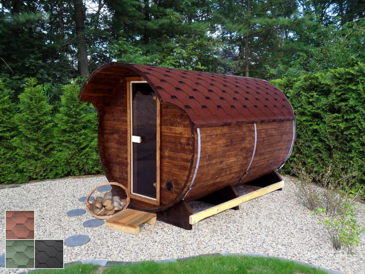 Finn Art Fass-Sauna Kari aus Thermoholz mit Glastür im Garten