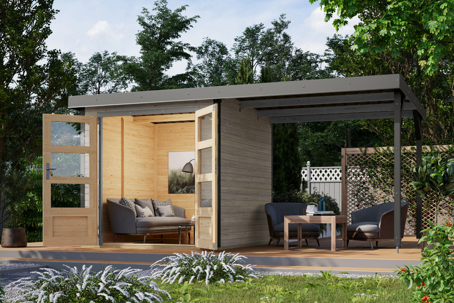 Karibu Pultdach Holz & Metall Gartenhaus Jupiter 2 Set mit Anbaudach 2,35 m, naturbelassen / graualuminium