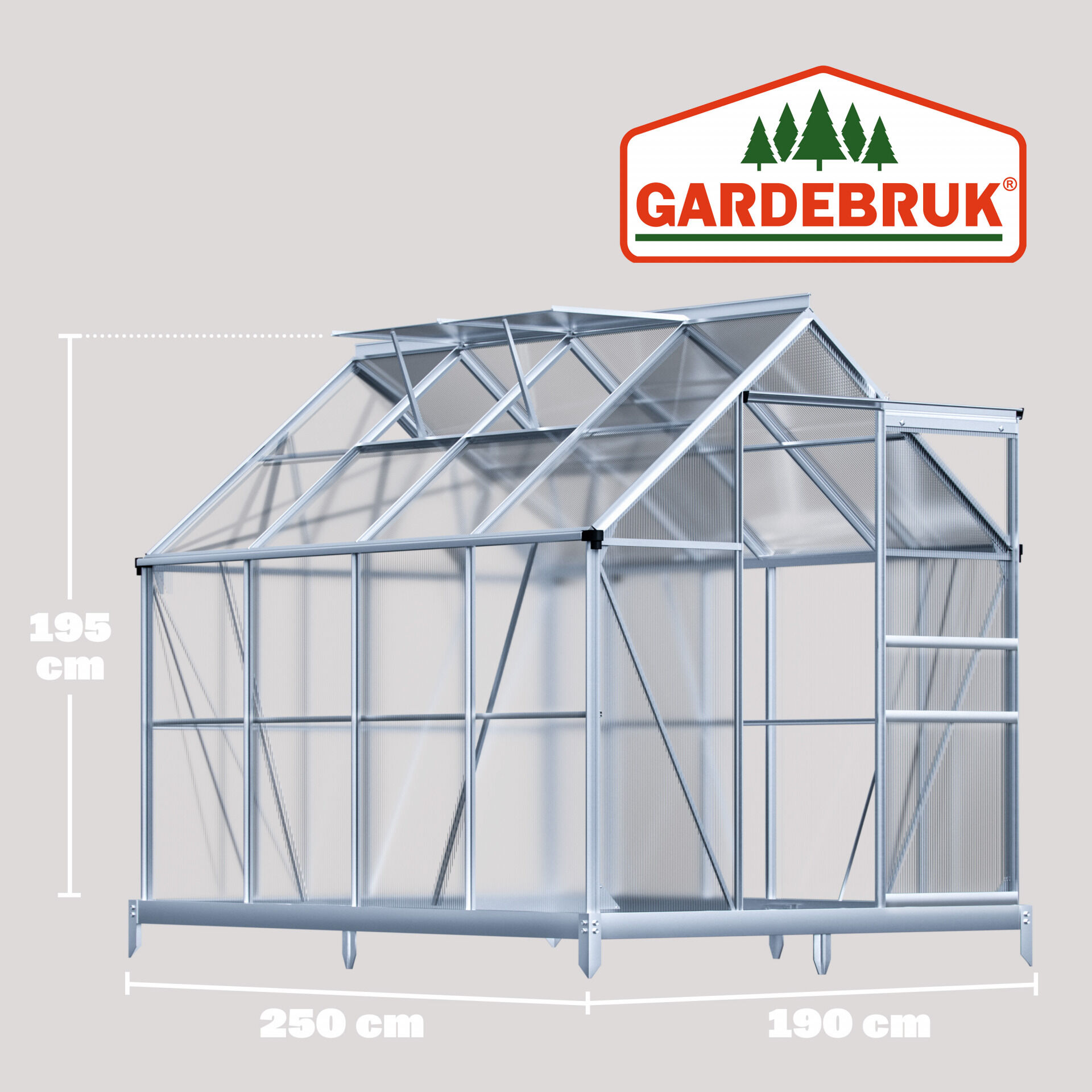 Alu Gewächshaus 250x190x195cm mit Fundament