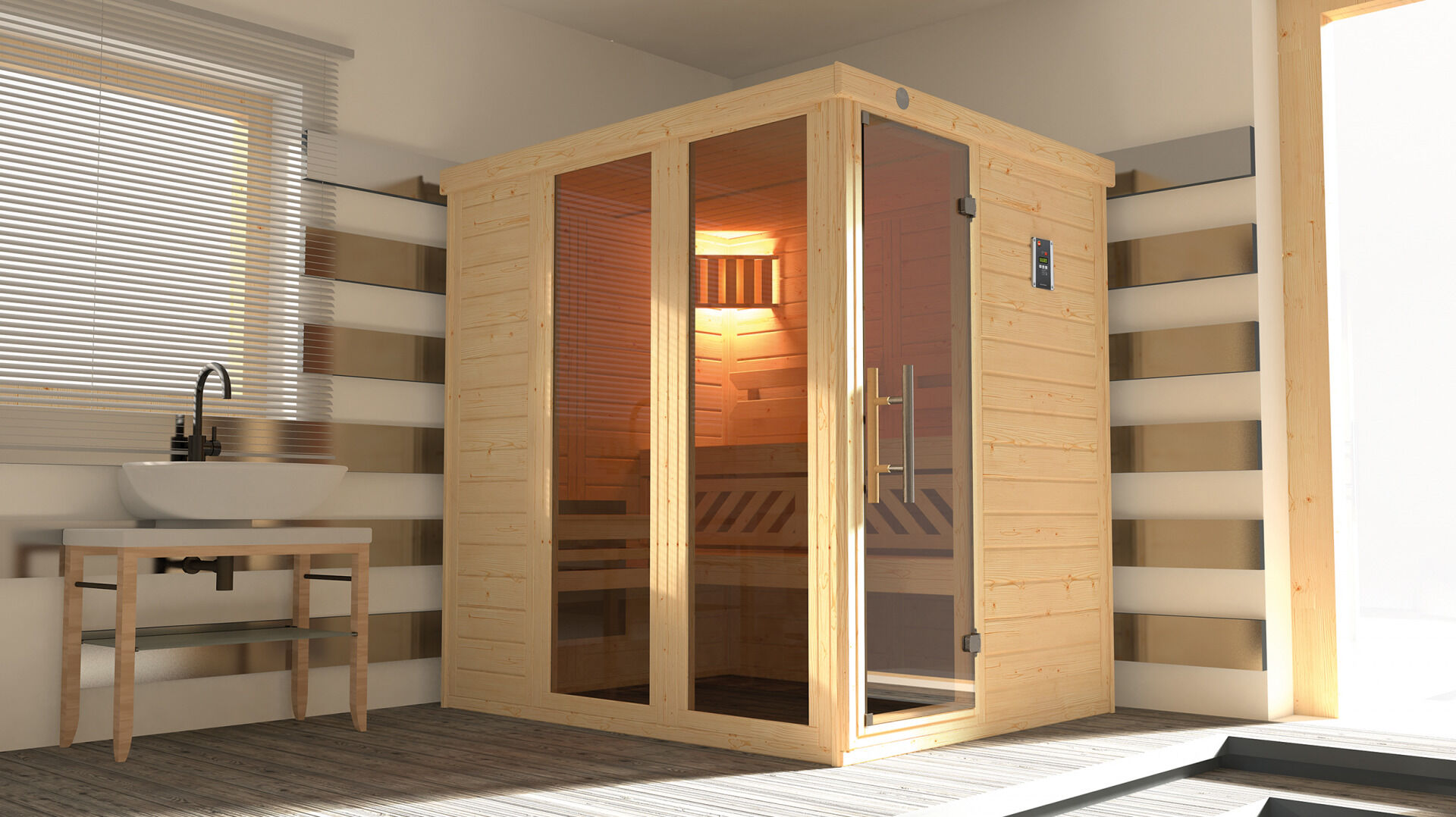 weka Design-Sauna KEMI PANORAMA 1 inkl. 7,5 kW OS-Ofenset