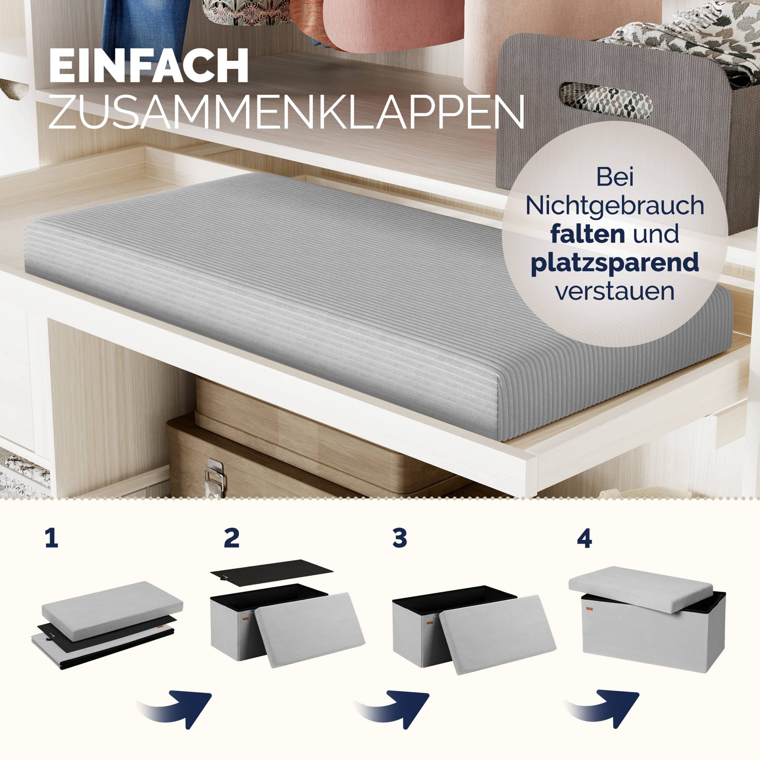 Sitzbank Grau Cord 76x38x38cm MDF faltbar