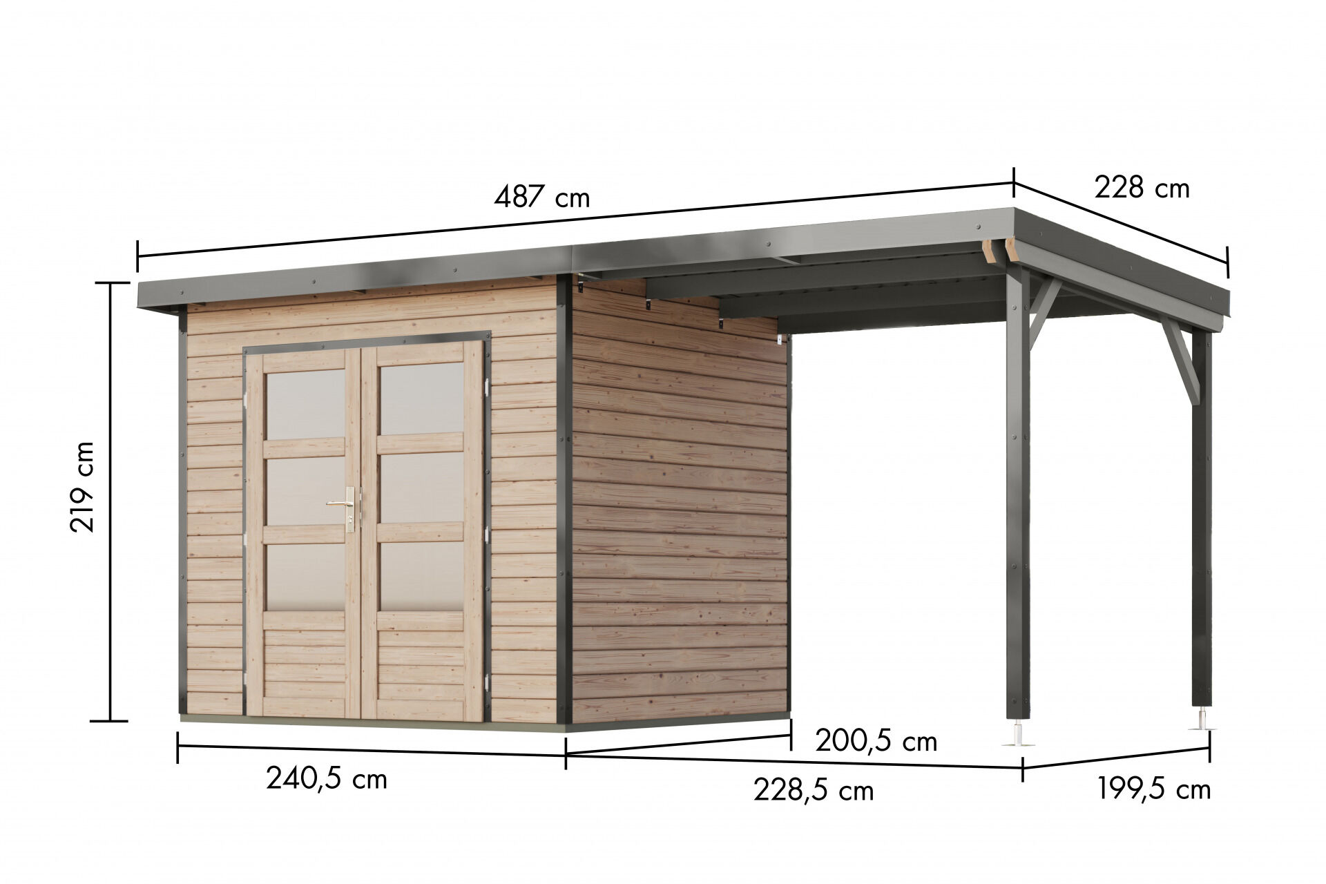 Karibu Pultdach Holz & Metall Gartenhaus Pluto 2 Set mit Anbaudach 2,33 m, naturbelassen / graualuminium