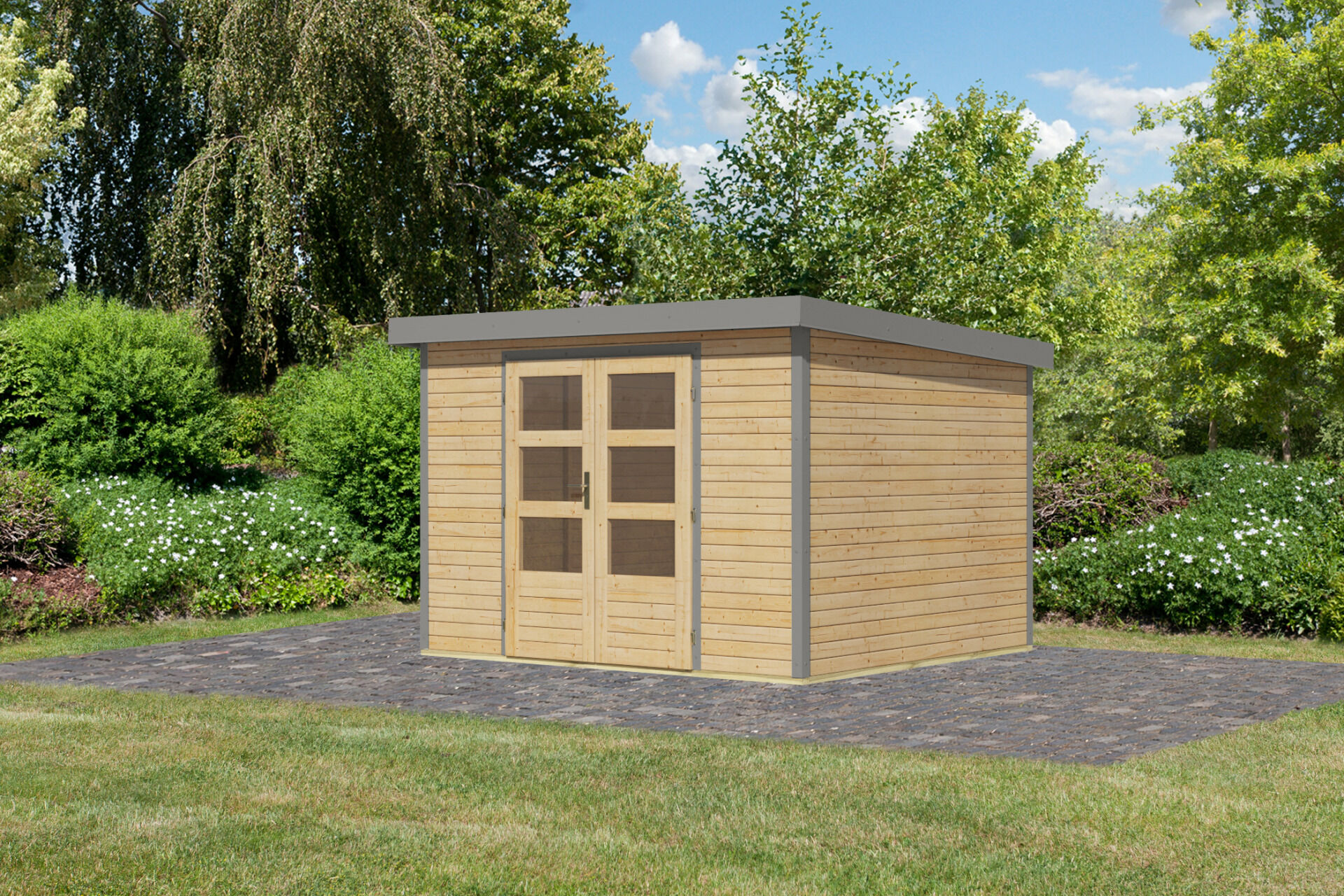 Karibu Pultdach Holz & Metall Gartenhaus Jupiter 5, naturbelassen / graualuminium