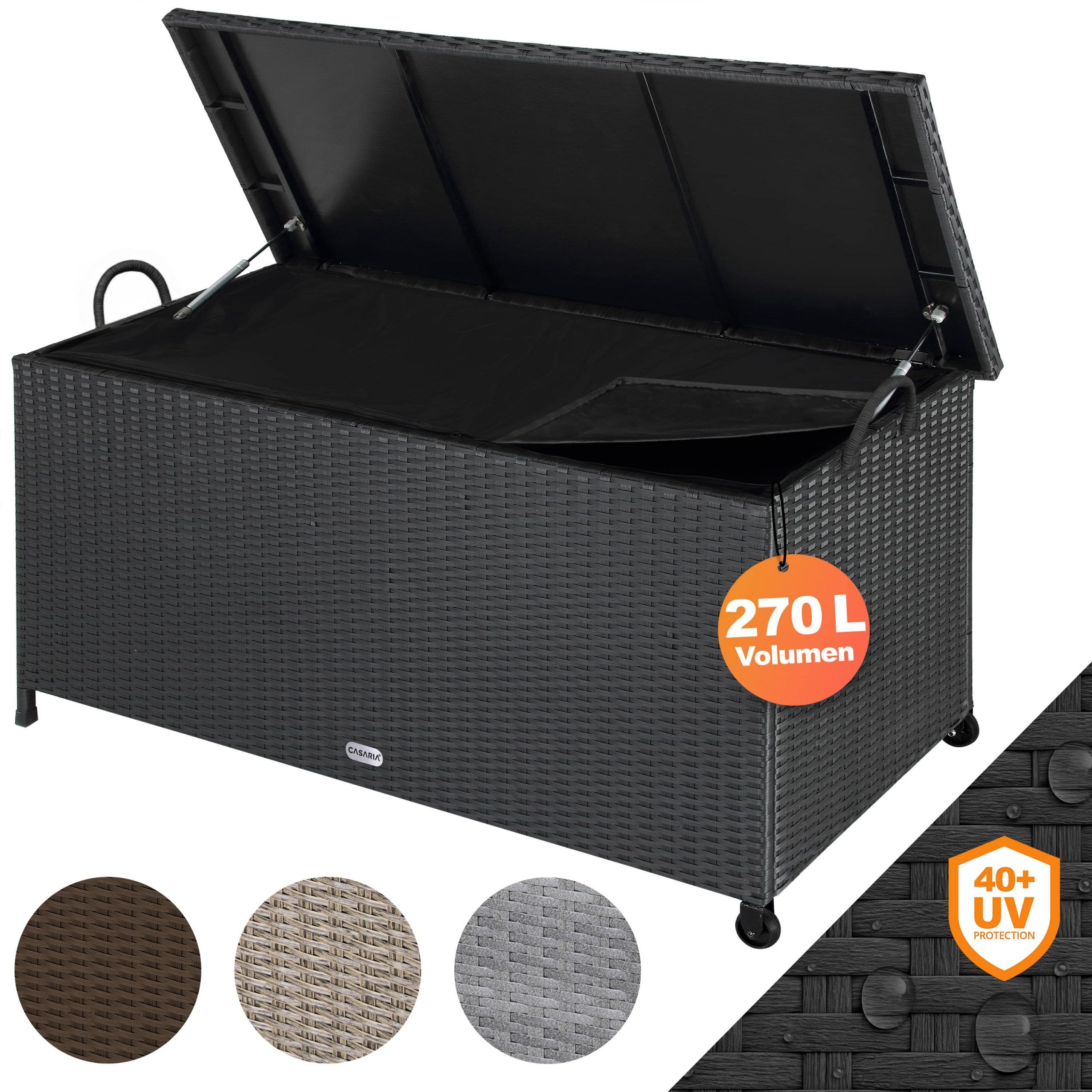 Gartenbox Polyrattan Schwarz 117x53x60cm mit Griffen + Rollen
