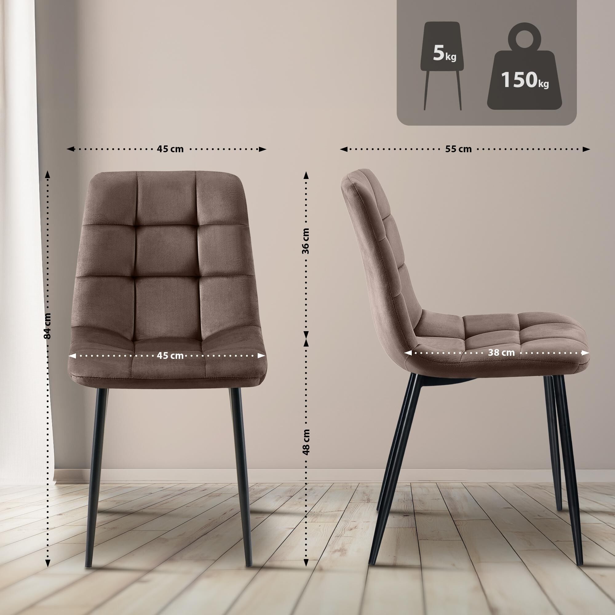 2er Set Esszimmerstuhl Tilde Samt, braun