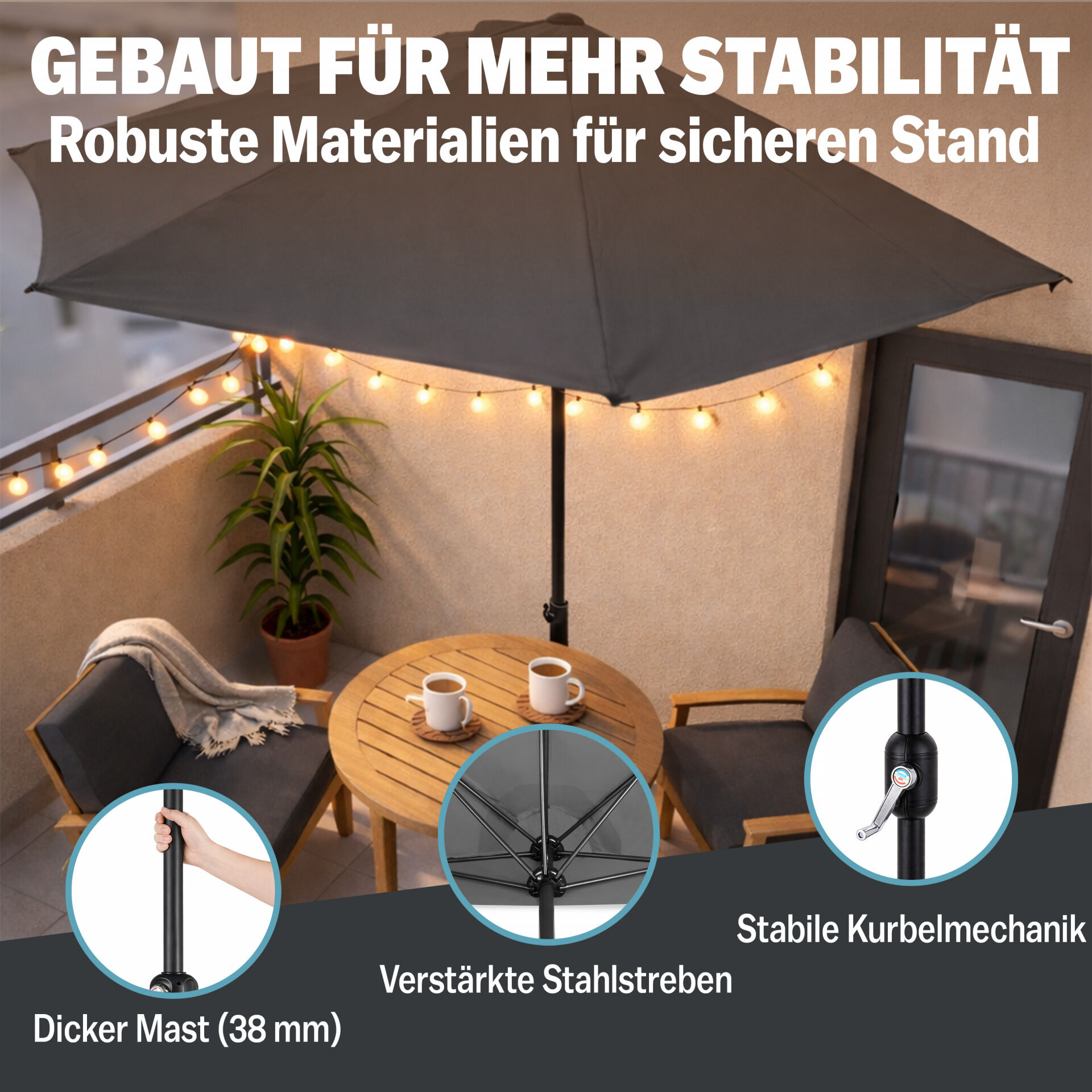Terrassen-Sonnenschirm Anthrazit UV-Schutz 80+