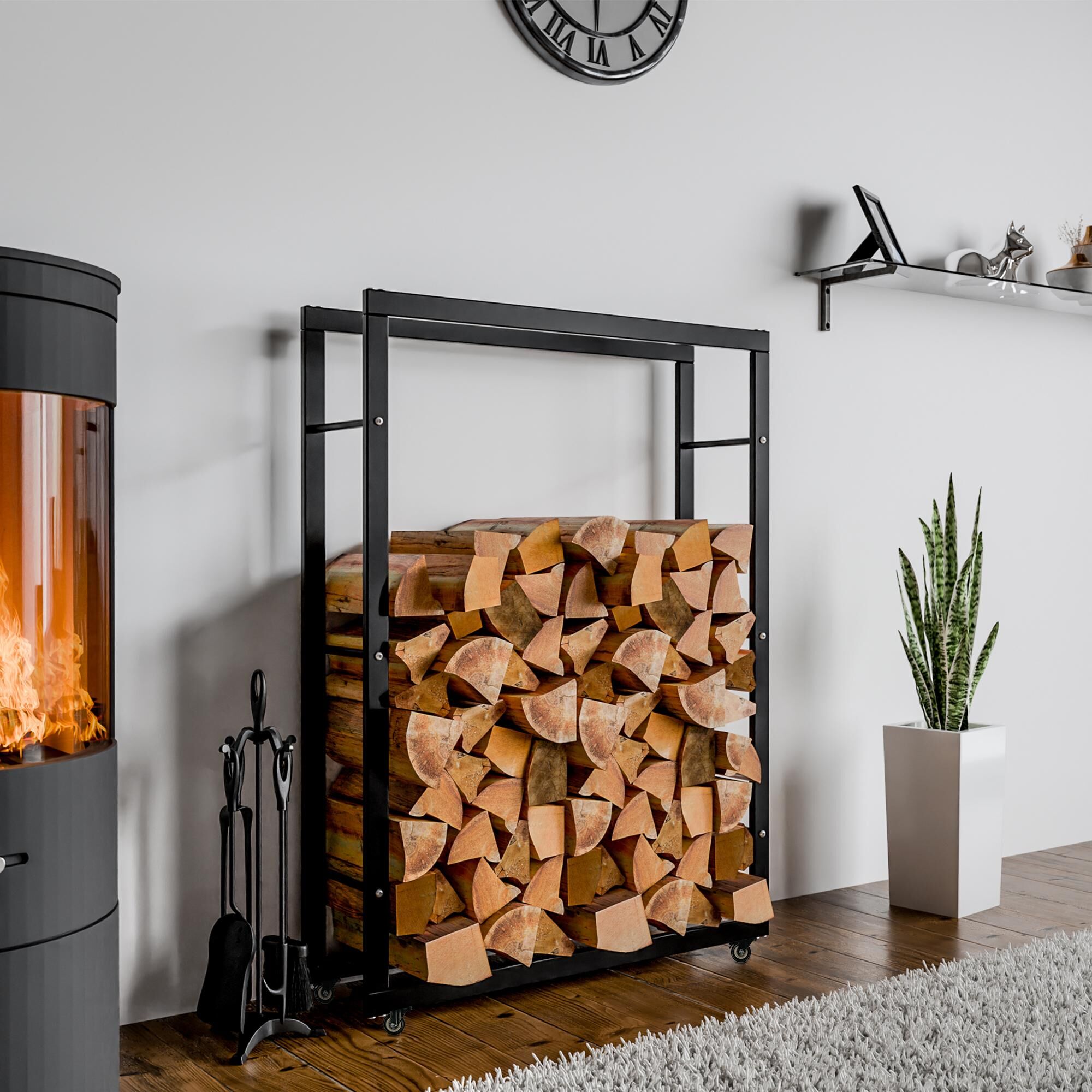 Kaminholzständer Keri mit Rollen 25x80x150, schwarz