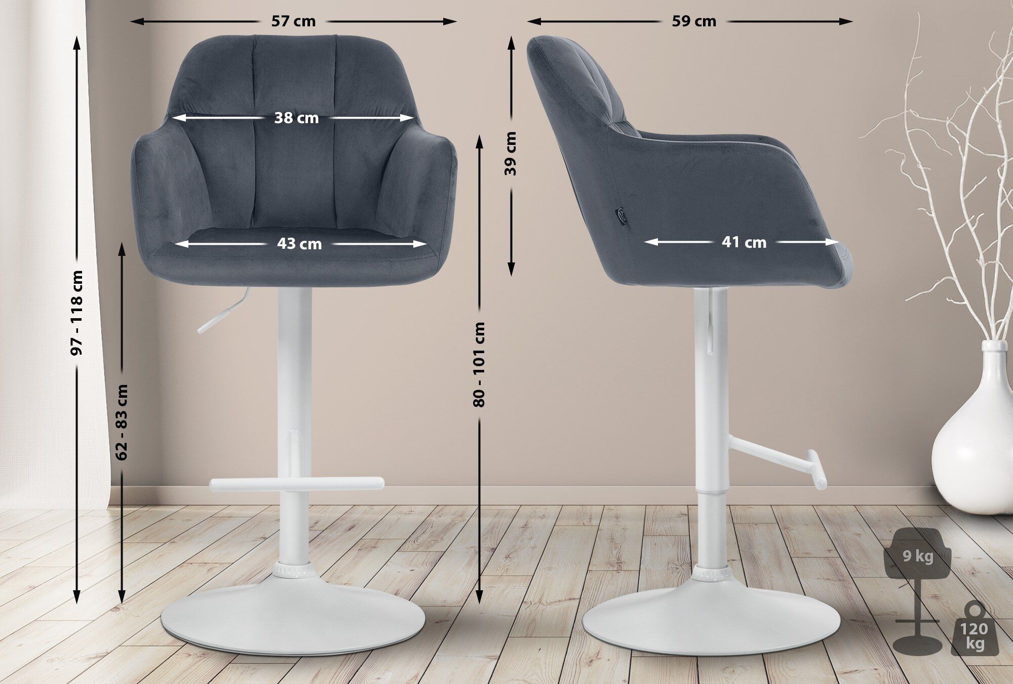 Barhocker Natoma Samt weiß, dunkelgrau