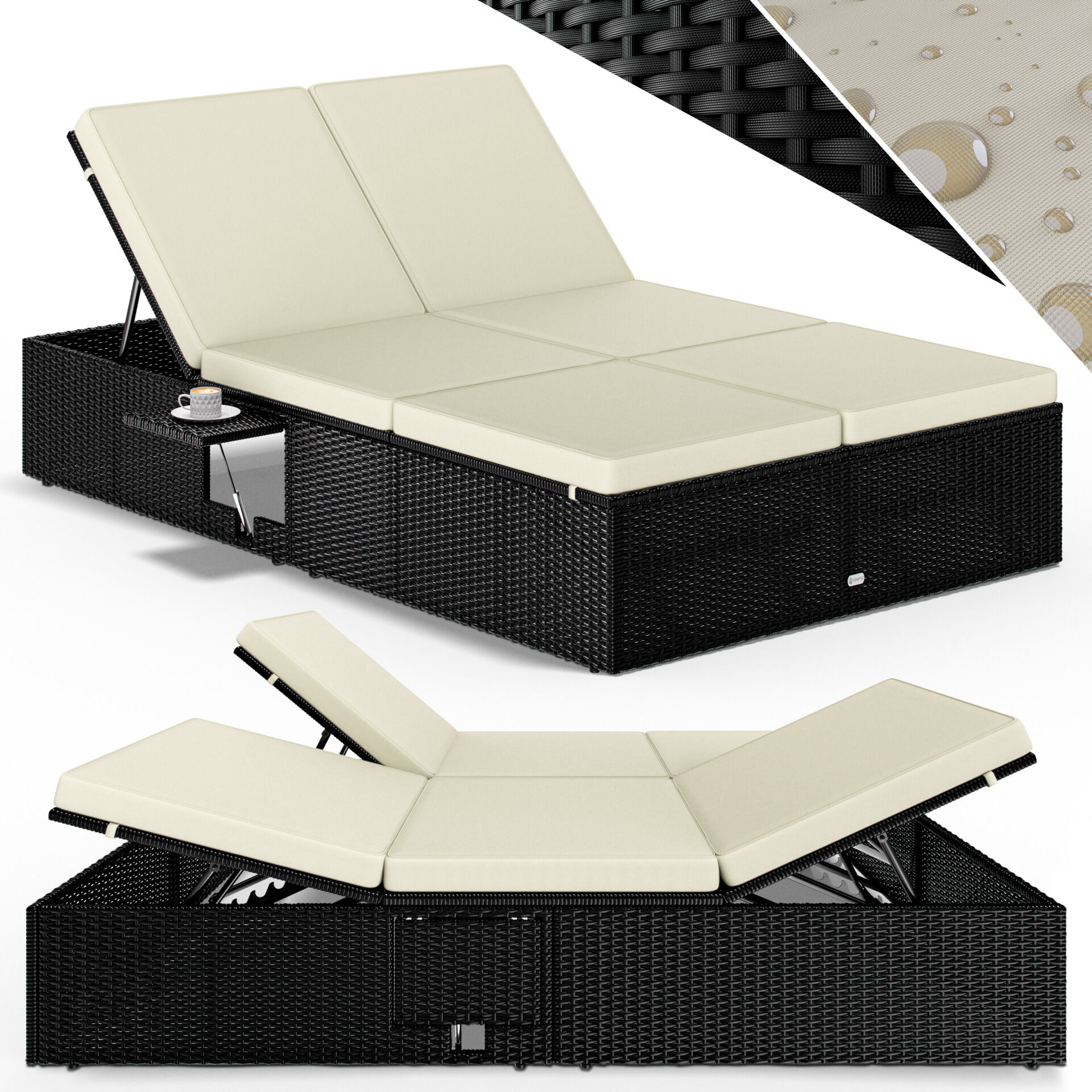 Polyrattan Gartenliege Schwarz/Creme 200x115x33cm