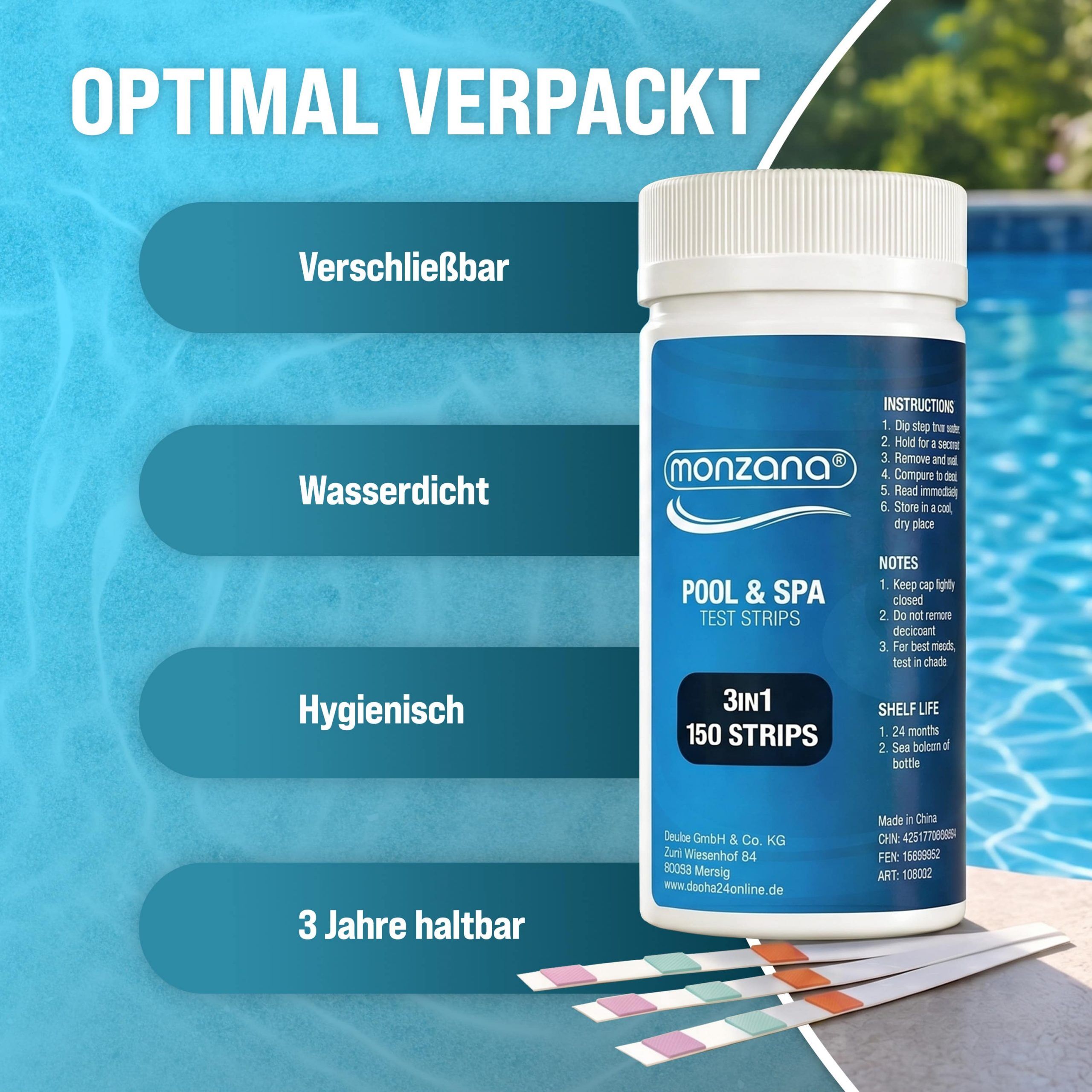 Pool Teststreifen 3in1 Wassertester 150 Stück für Pool Schwimmbad Whirlpool Spa chemisch pH Chlor Alkalinität