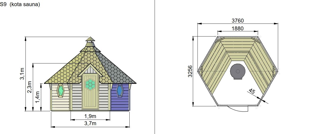 Zeichnung und Grundriss Arctic Saunakota 9 m²