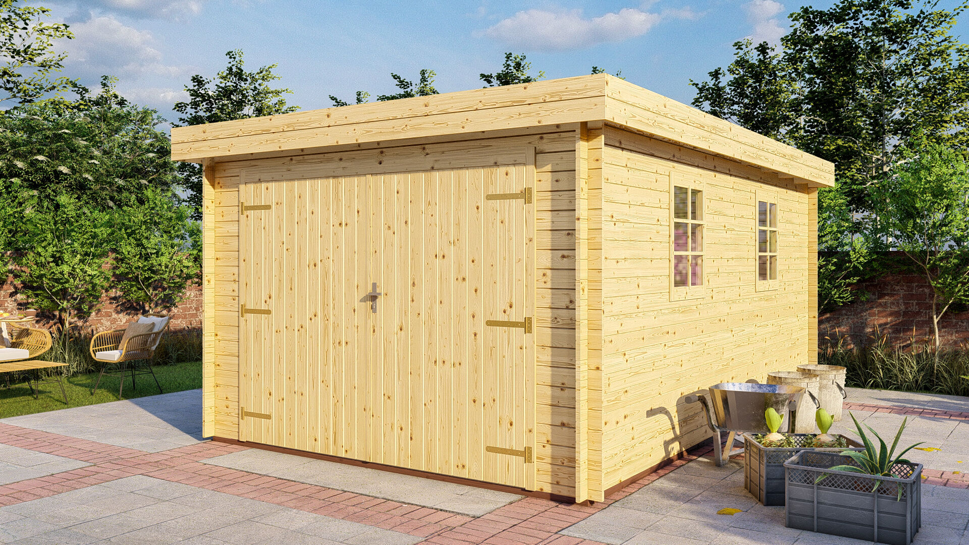 Flachdach Holzgarage Schweden 50 – 28 mm Blockbohlen Garage mit Holztor