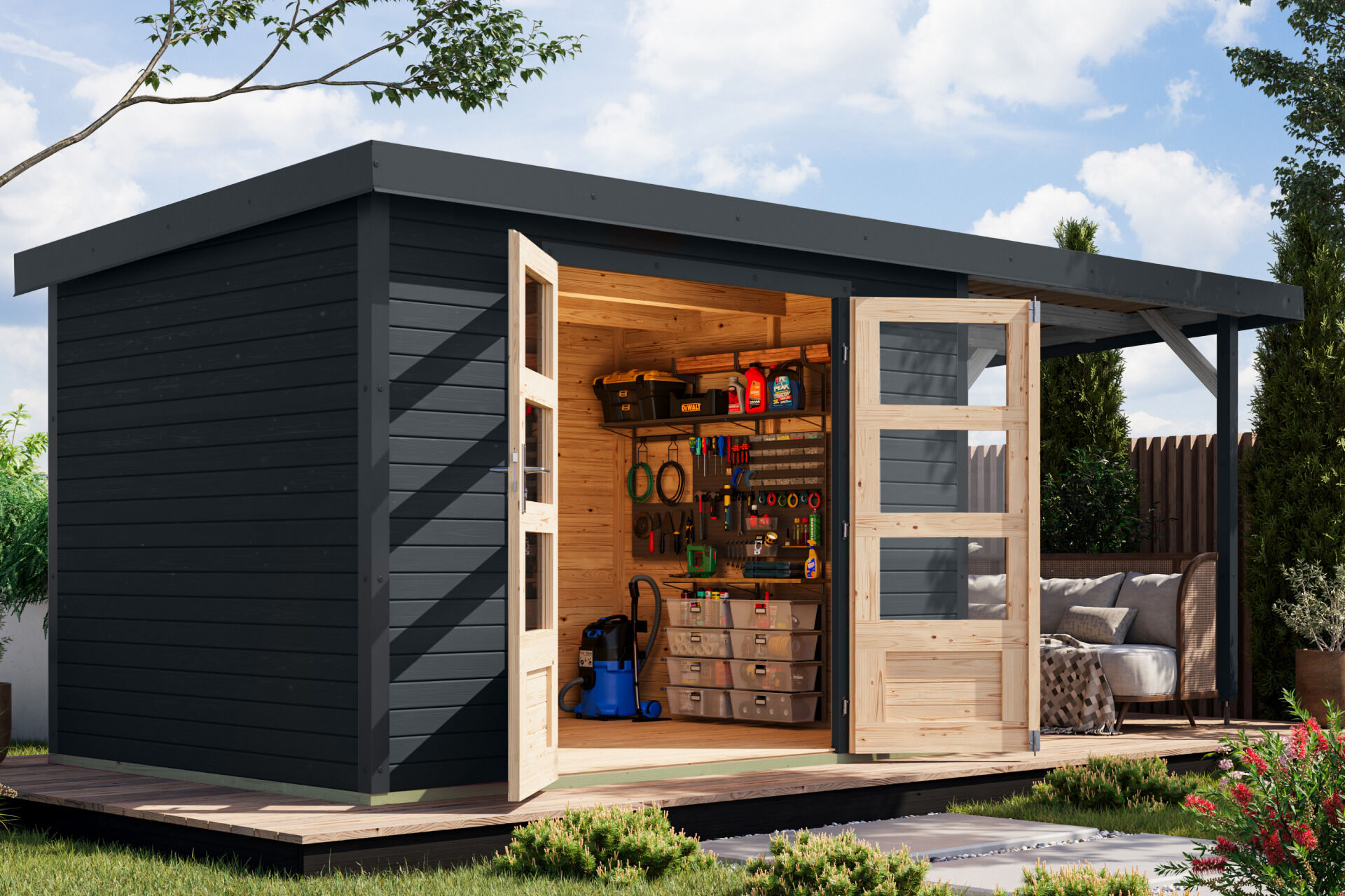 Karibu Pultdach Holz & Metall Gartenhaus Jupiter 4 Set mit Anbaudach 2,35 m, naturbelassen / graualuminium