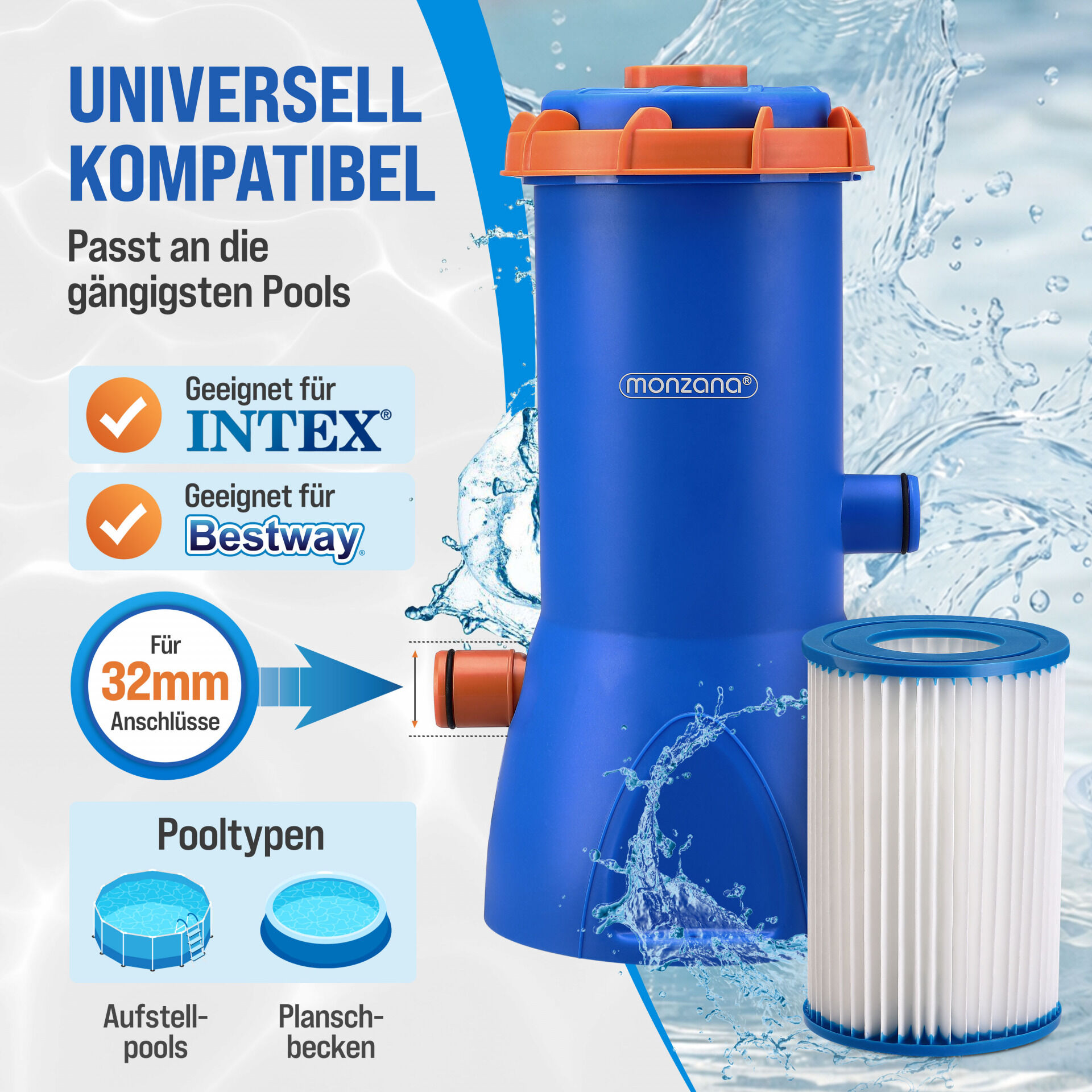 Pool Filterpumpe MZP90 Blau/Orange 3800 L/h